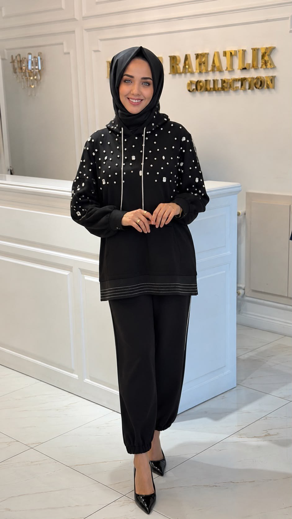 MISSEMRAMISS 4976 İŞLEMELİ KAPŞONLU MODAL TAKIM SİYAH