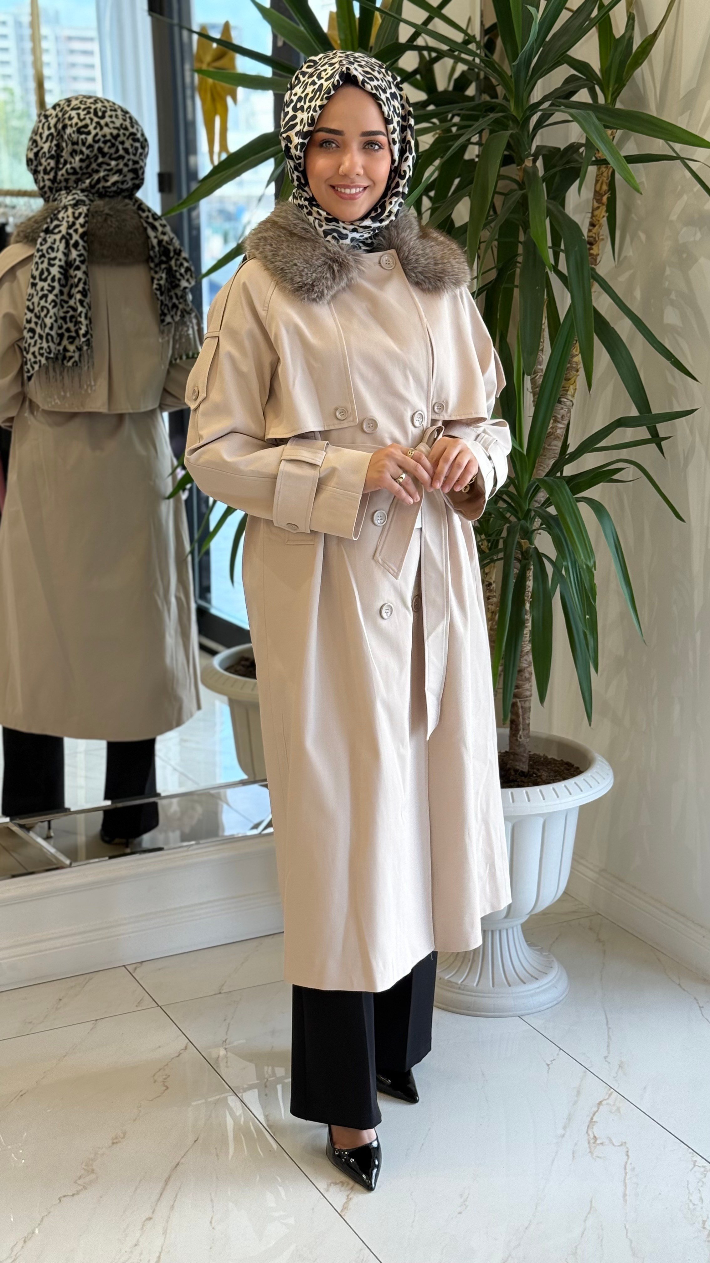 MISSEMRAMISS 5478 KÜRKLÜ ROSE TRENÇKOT TAŞ