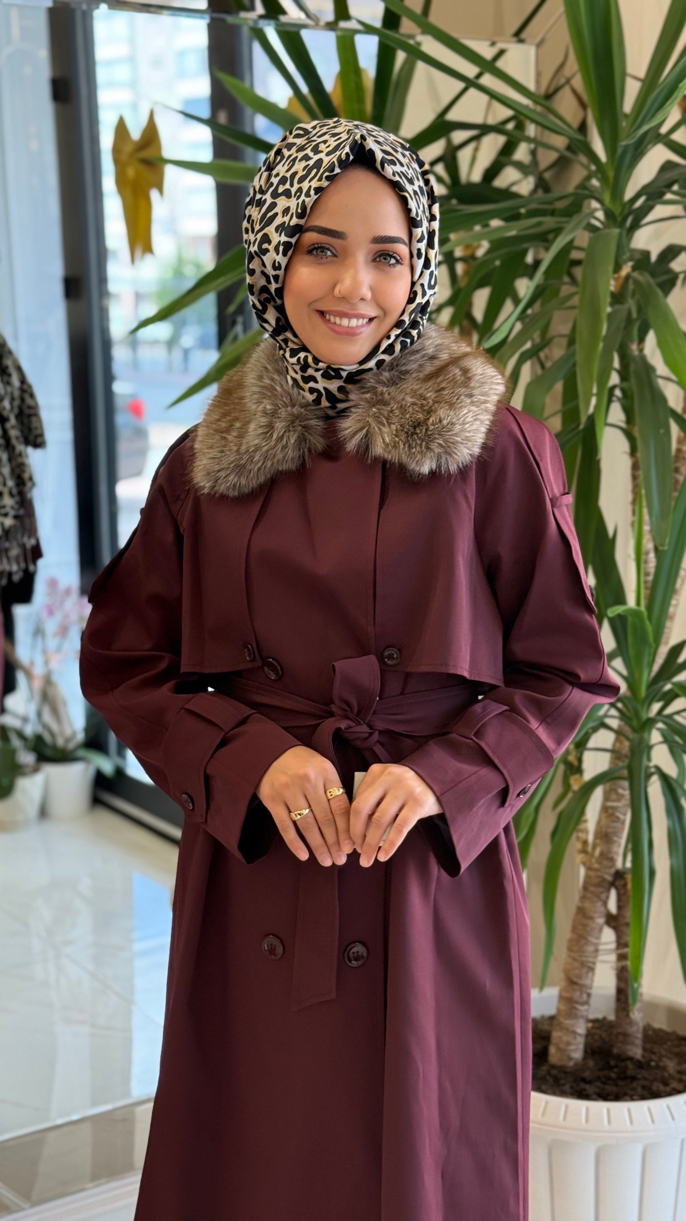 MISSEMRAMISS 5478 KÜRKLÜ ROSE TRENÇKOT BORDO
