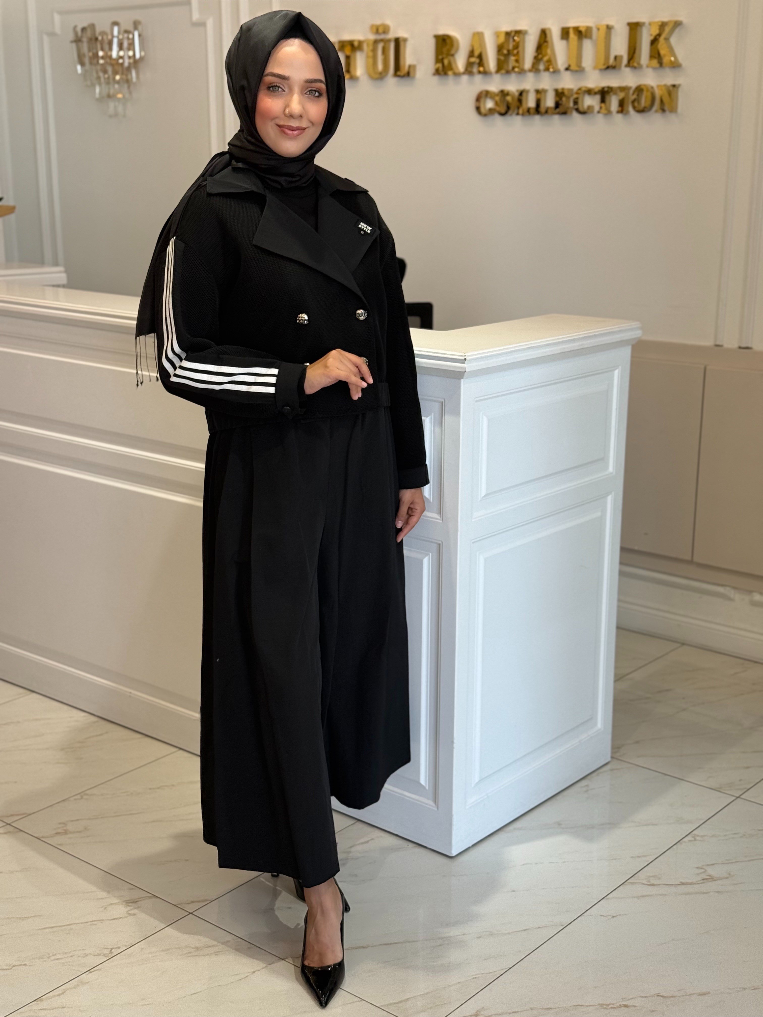 MY312 1775 ARKASI BASKILI ŞERİTLİ TAKIM SİYAH