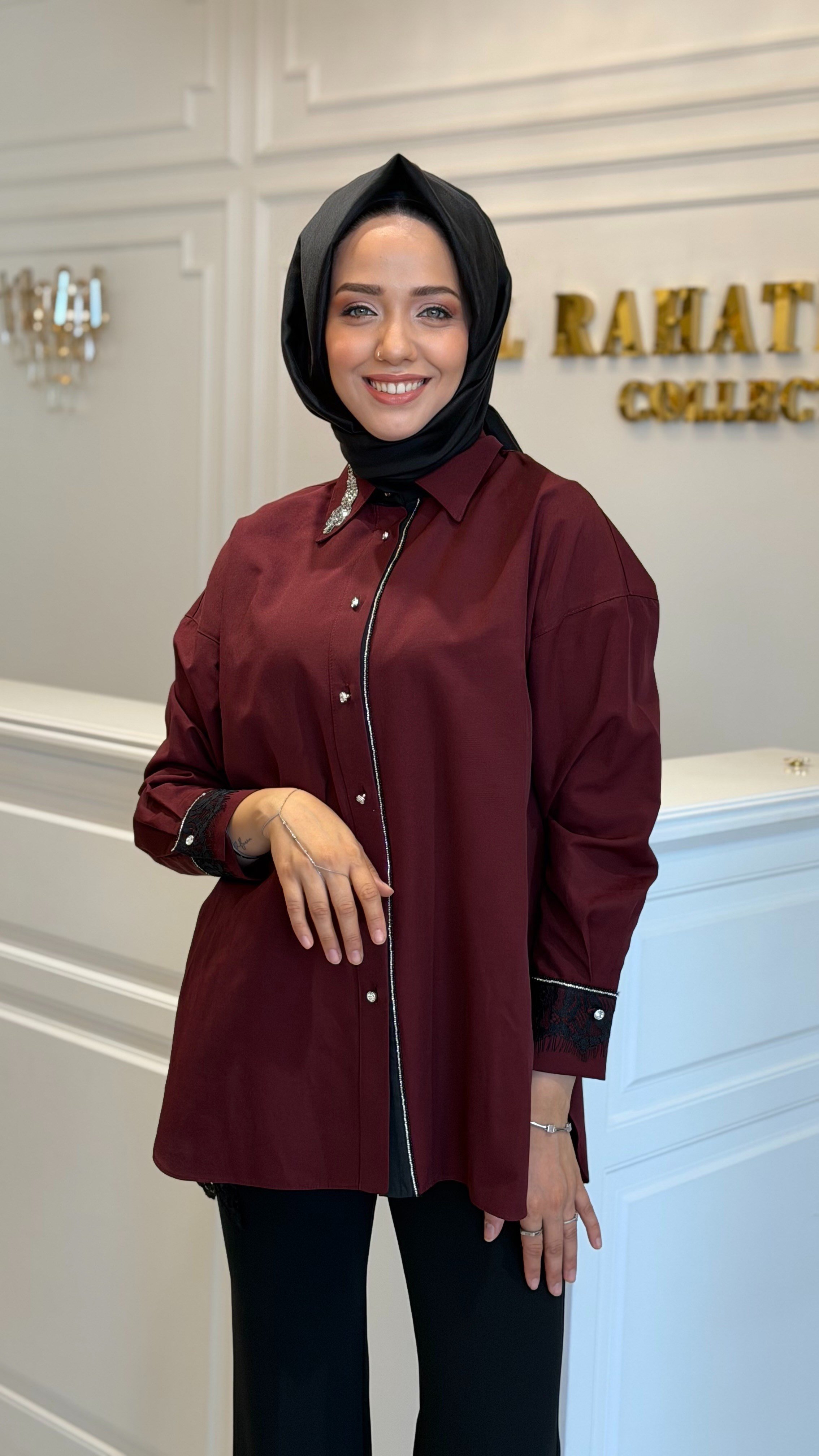 MY312 8906 ARKASI DANTELLİ GÖMLEK BORDO