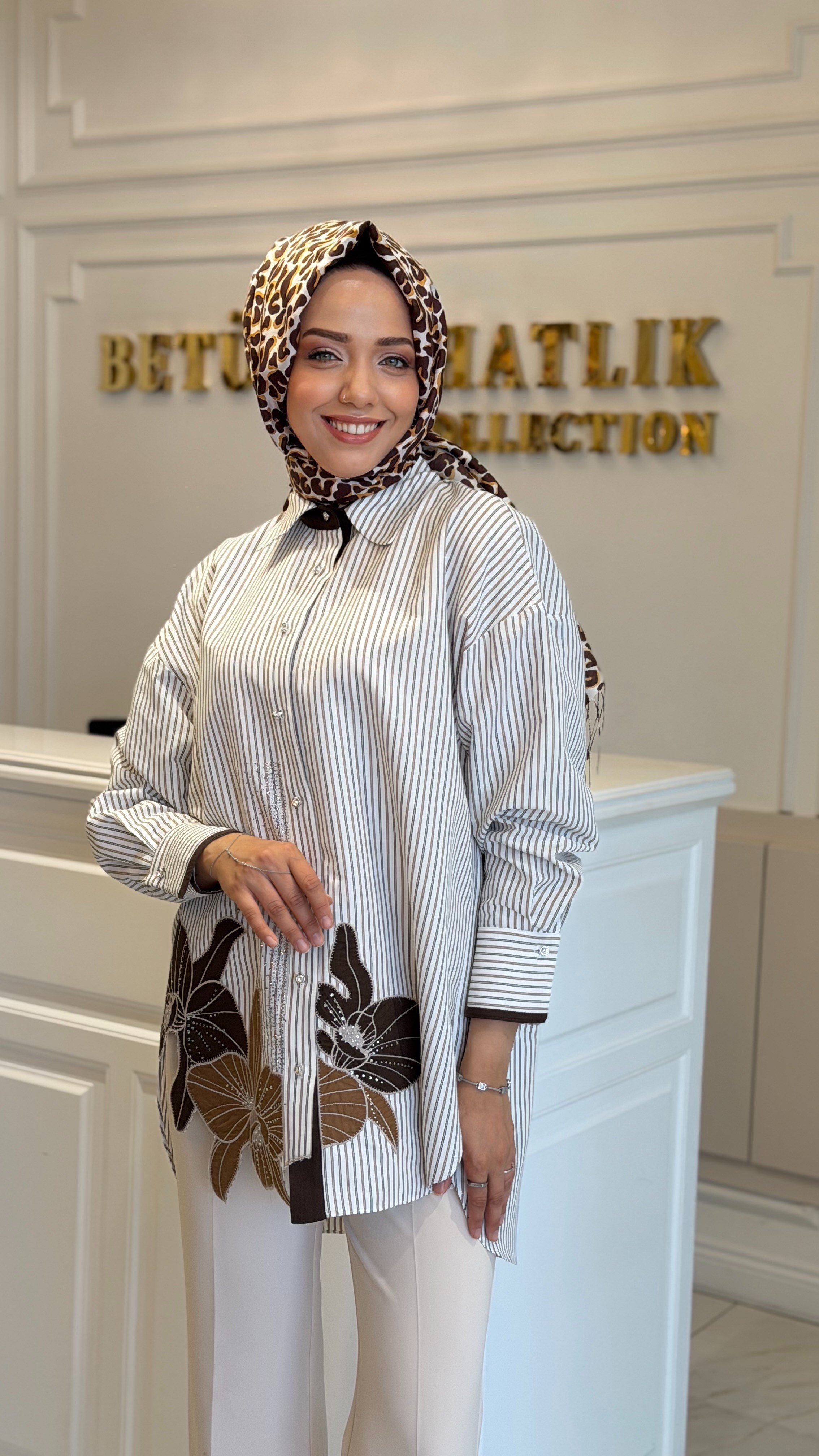 MY312 8907 ÇİZGİLİ NAKIŞLI GÖMLEK KAHVE