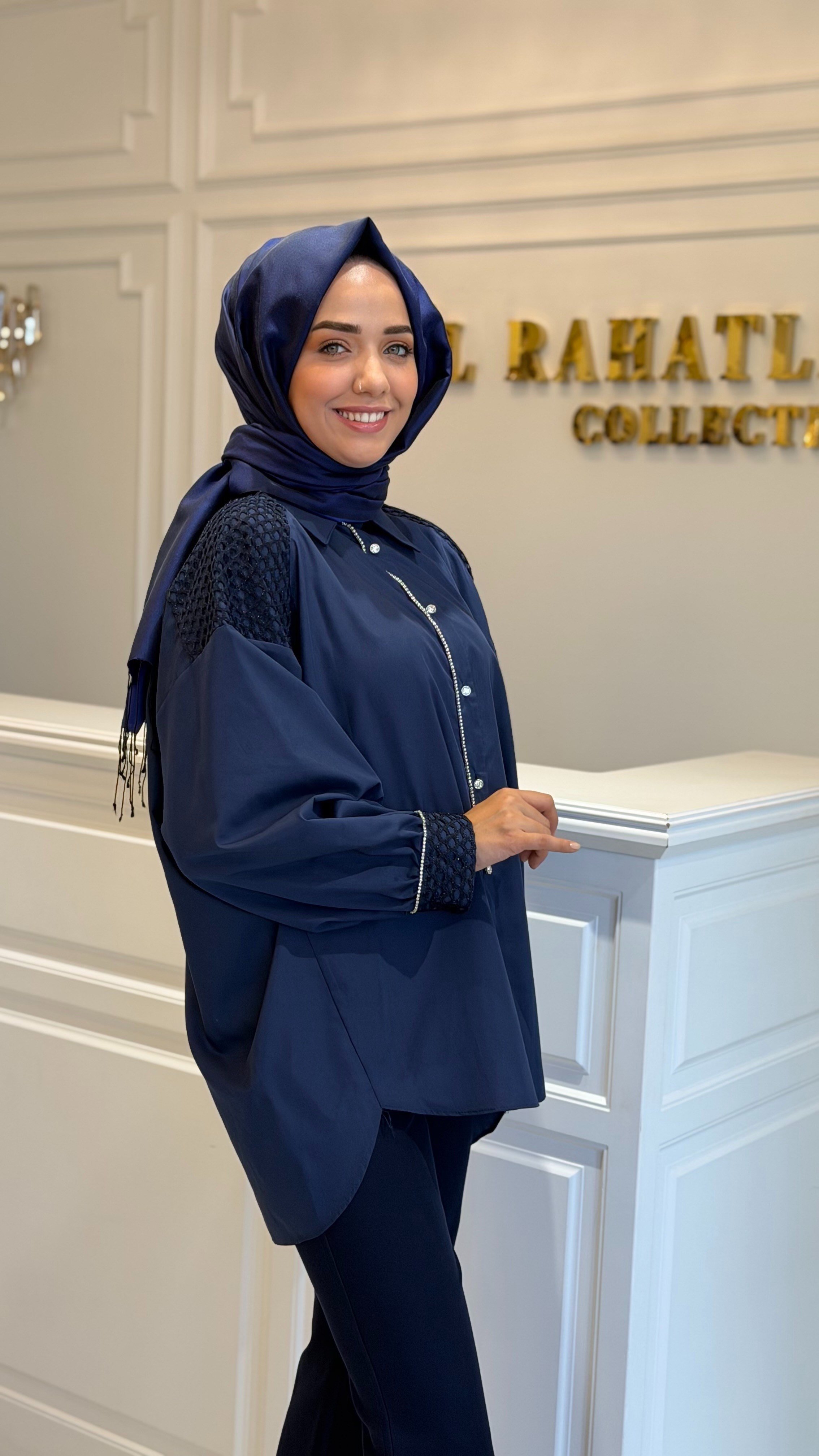 MY312 8917 ARKASI TAŞLI ŞERİTLİ GÖMLEK LACİVERT