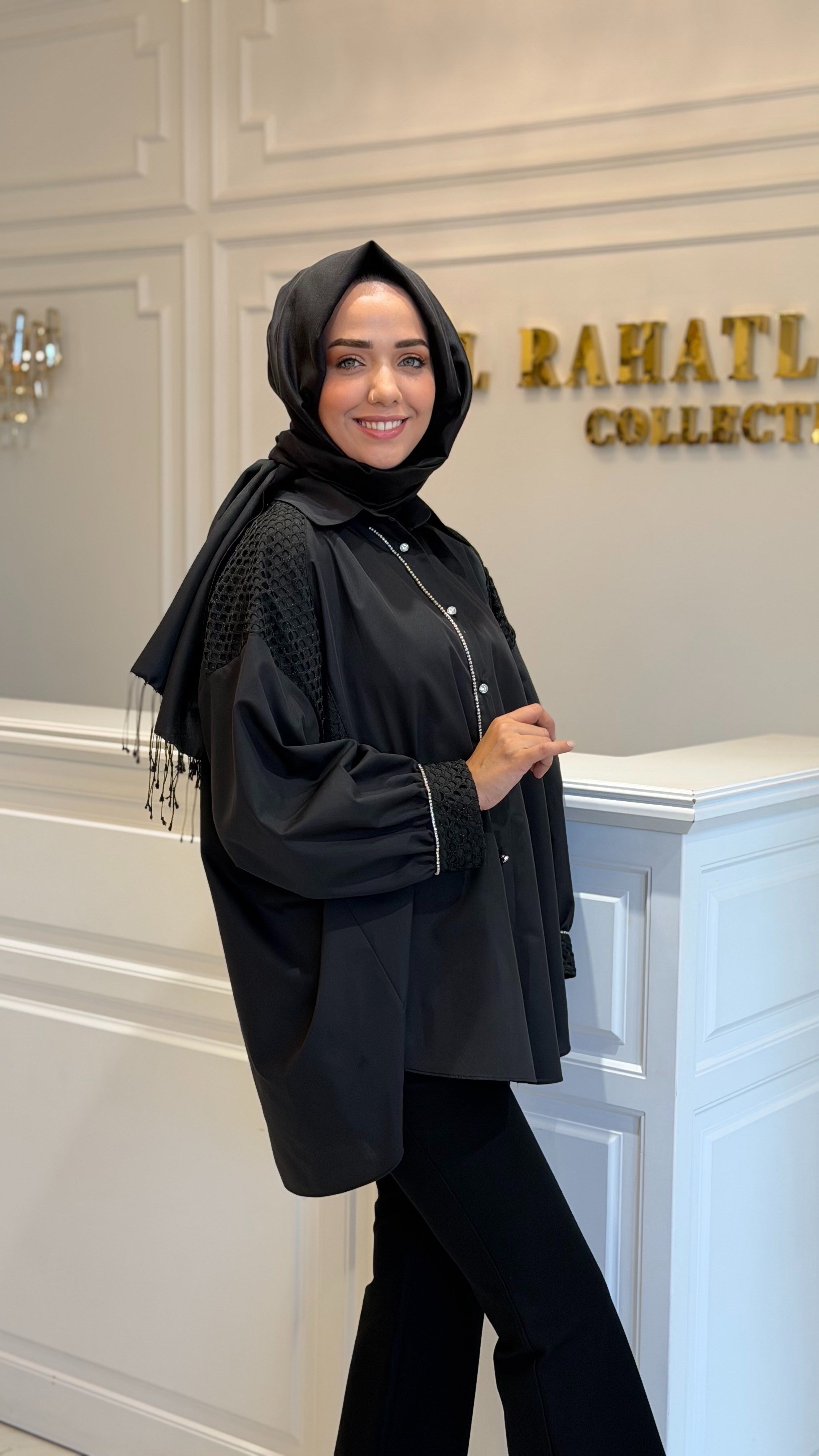 MY312 8917 ARKASI TAŞLI ŞERİTLİ GÖMLEK SİYAH