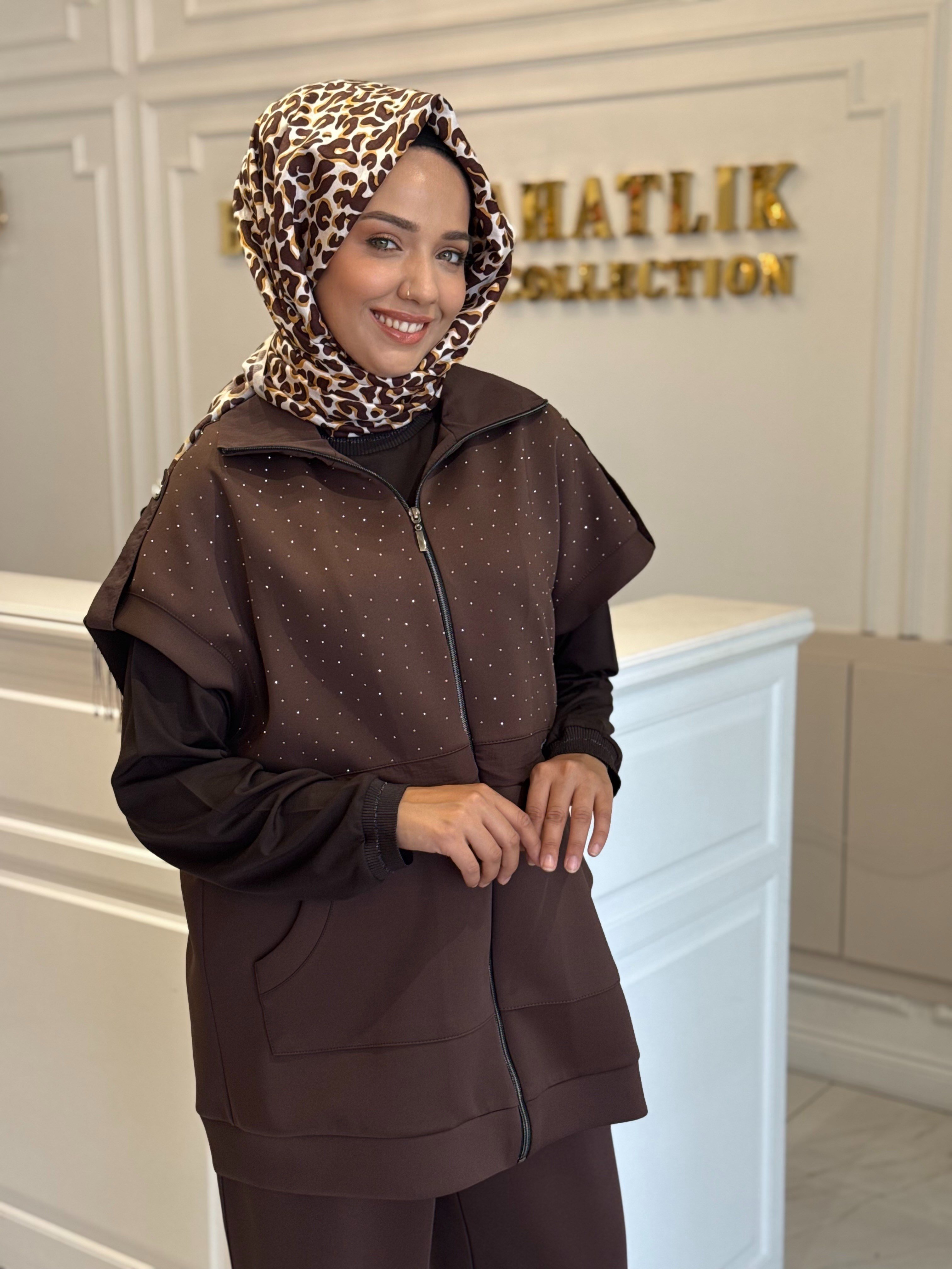 MY312 1723 TAŞLI YELEKLİ TAKIM KAHVE