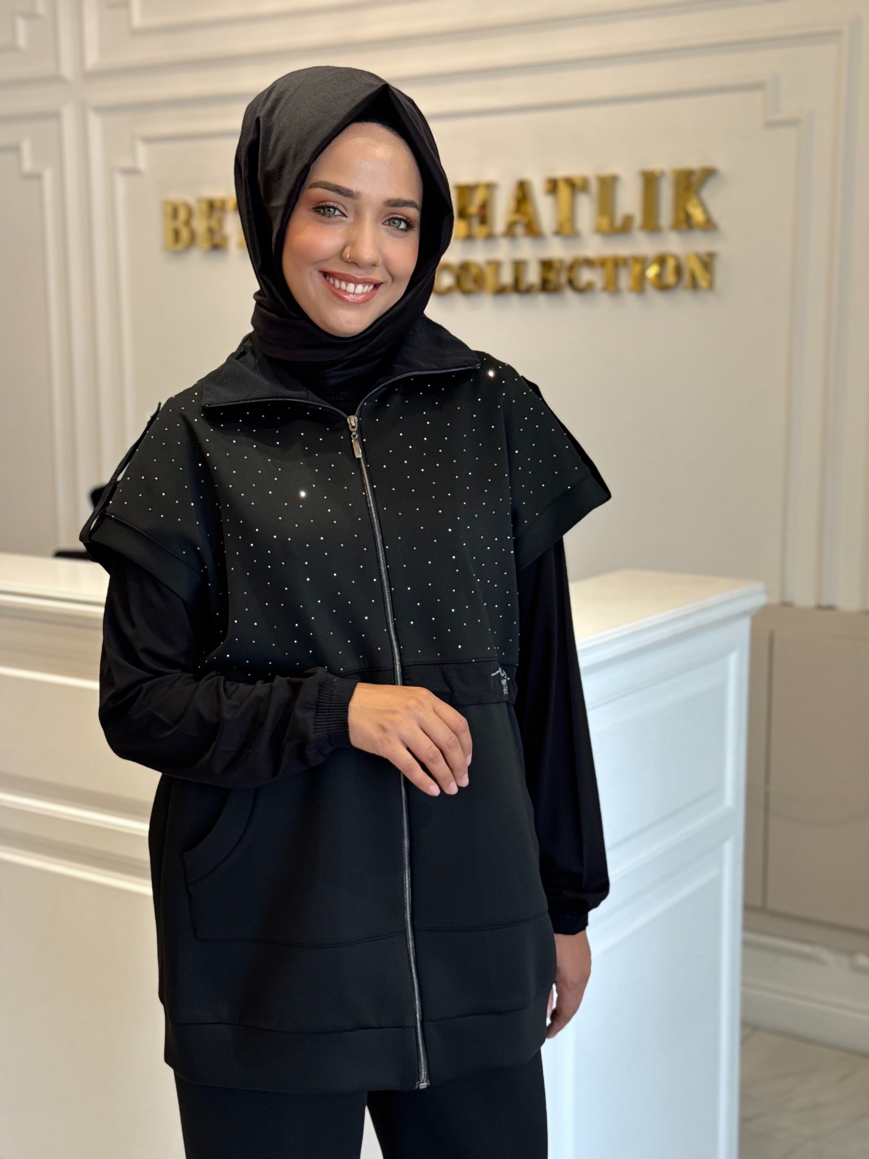 MY312 1723 TAŞLI YELEKLİ TAKIM SİYAH