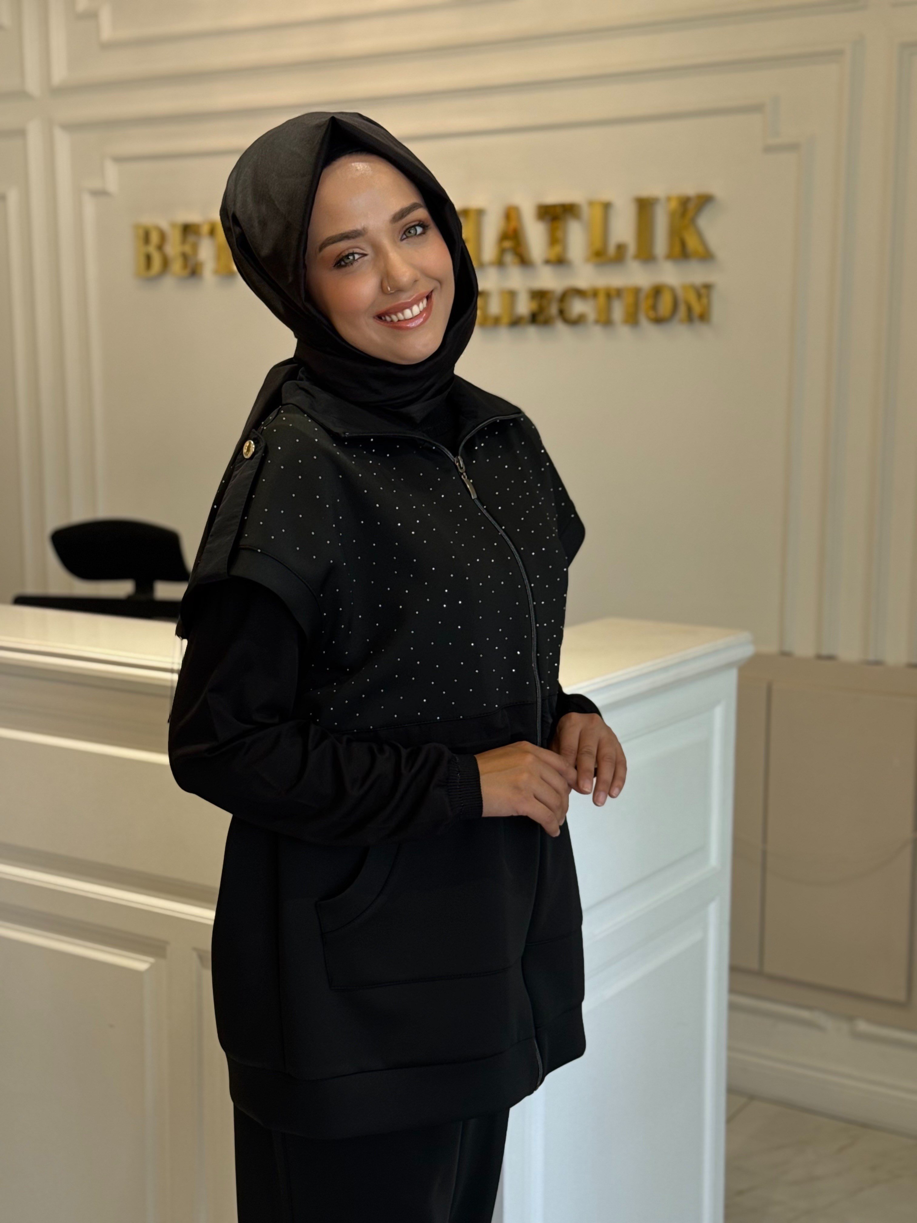 MY312 1723 TAŞLI YELEKLİ TAKIM SİYAH