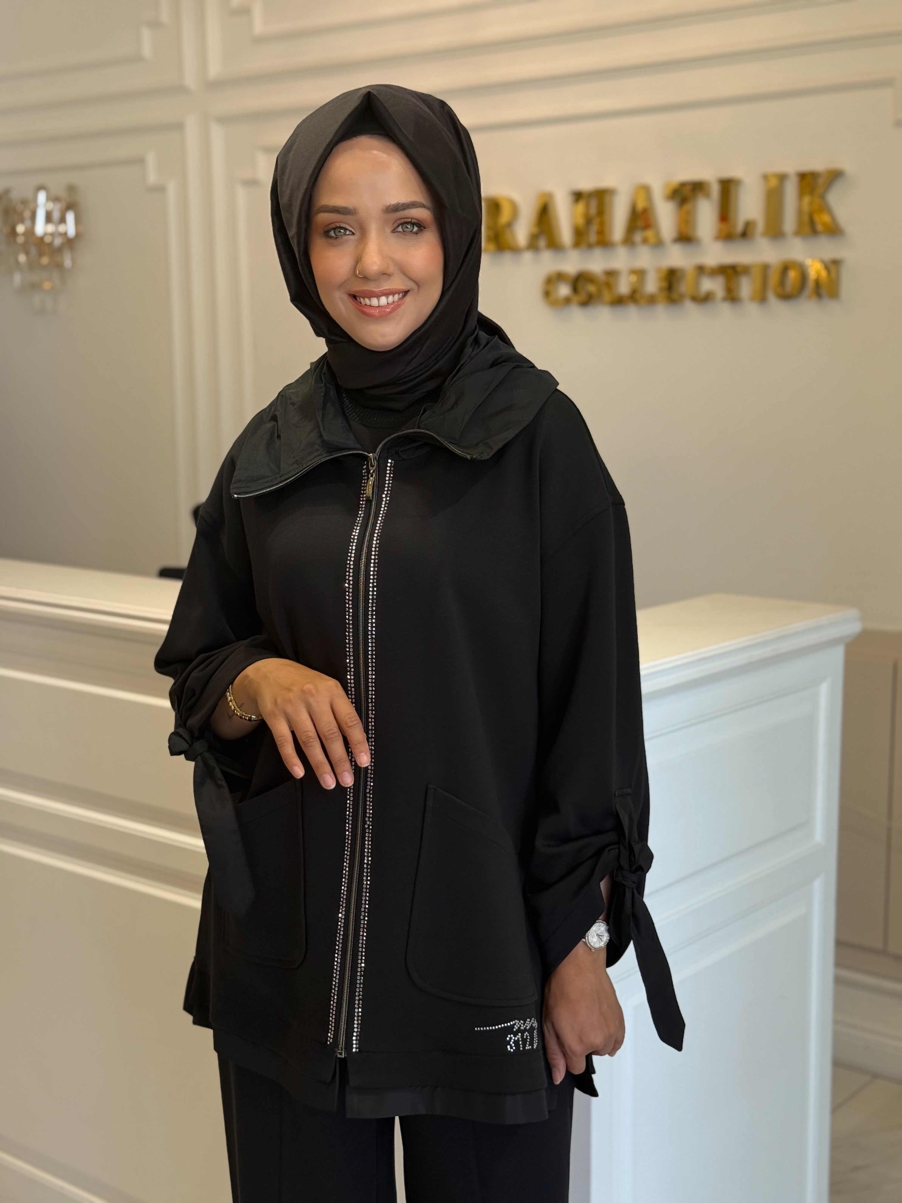 MY312 1729 ARKASI BASKILI TAŞLI TAKIM SİYAH