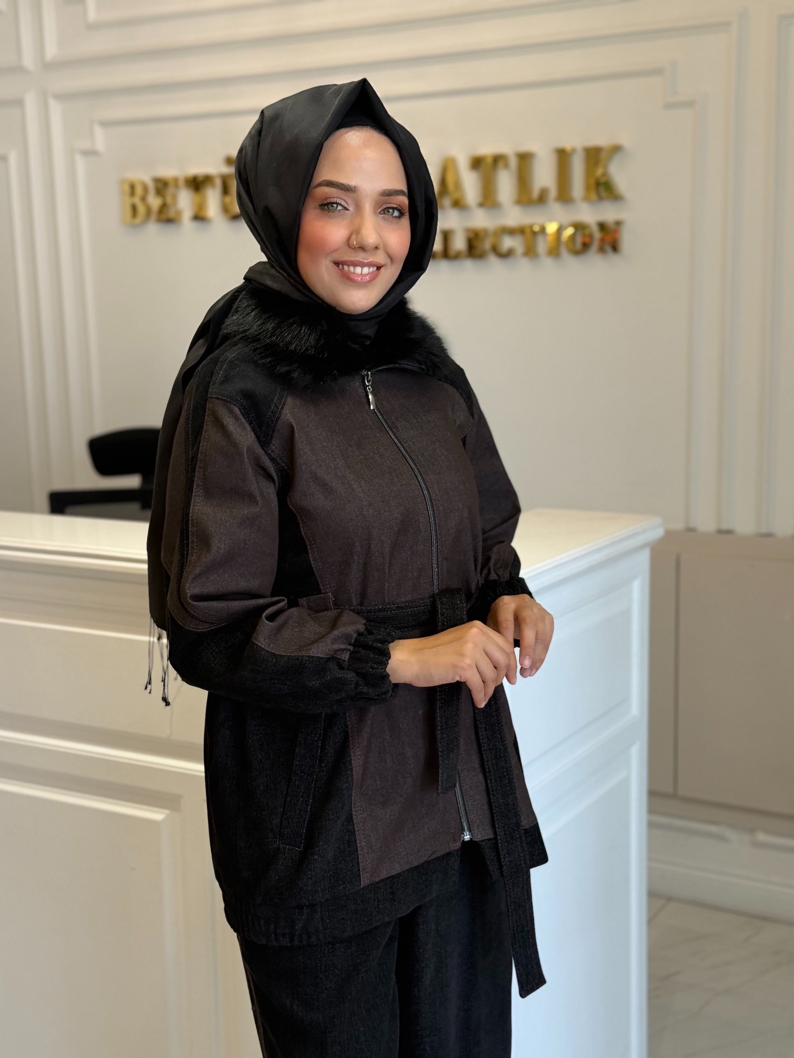 MY312 1731 YAKASI KÜRKLÜ TAKIM SİYAH