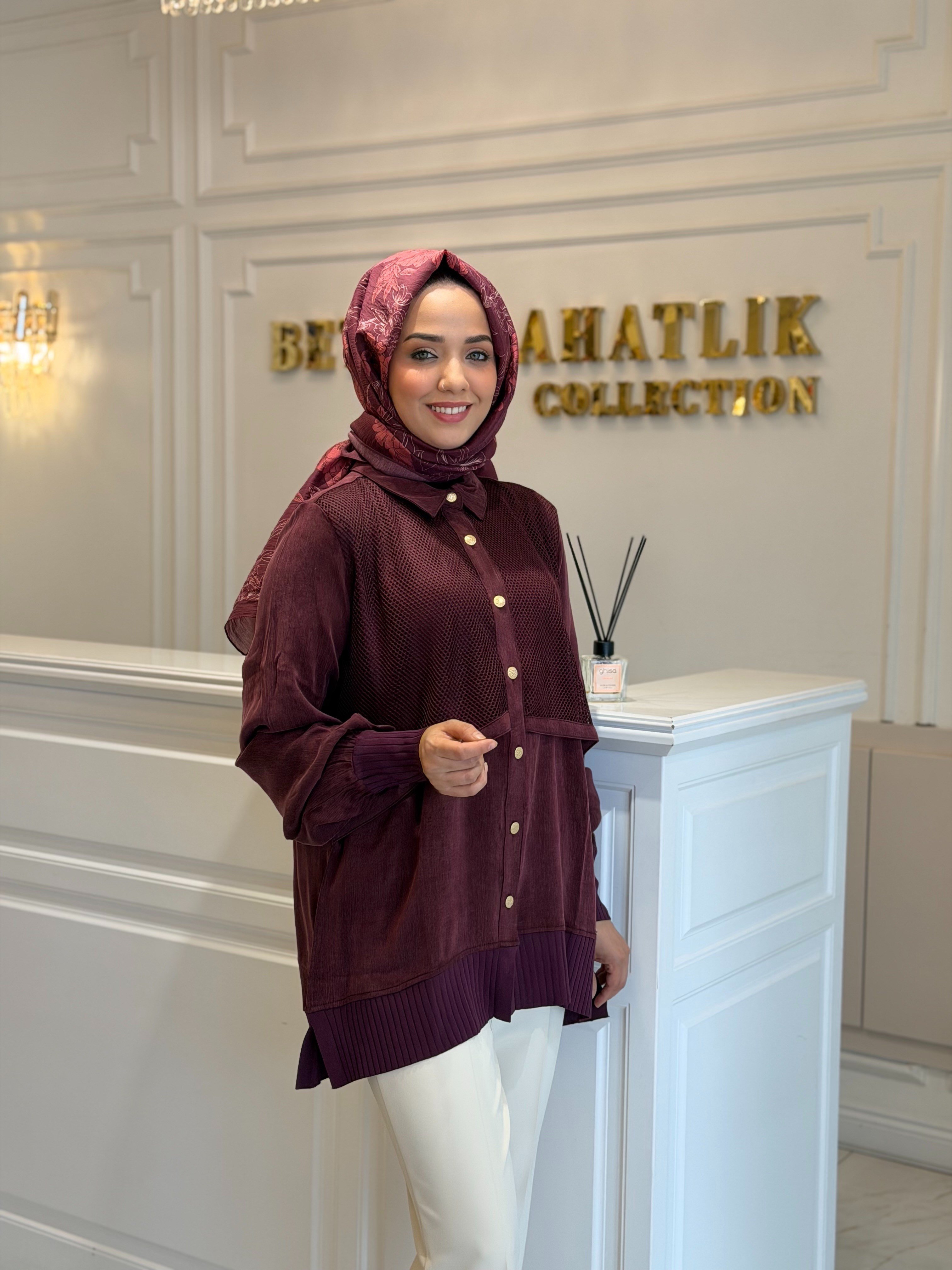 Niliwi File Yelekli Kupra Gömlek Bordo