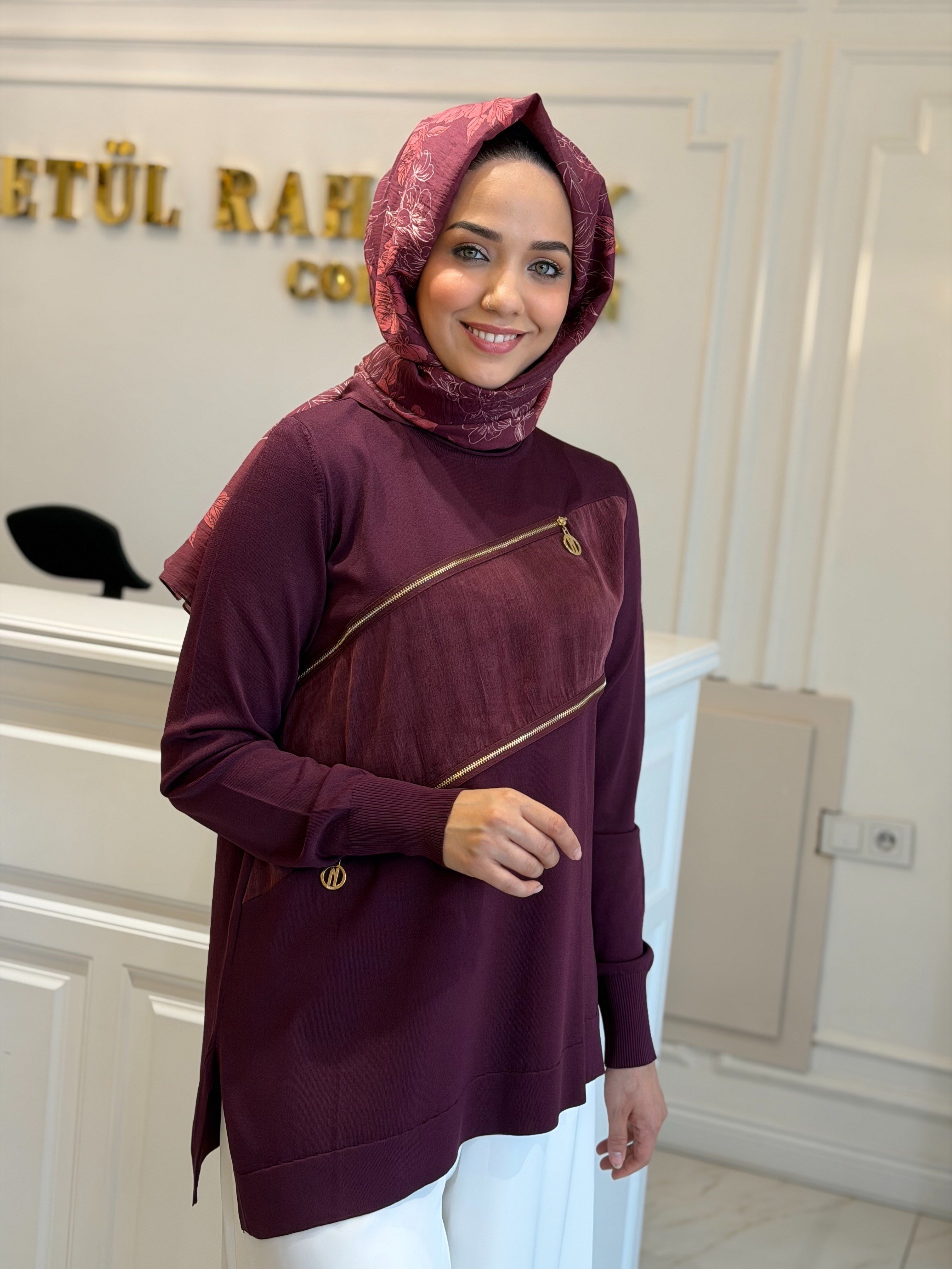 Niliwi Önü Fermuarlı Triko Tunik Bordo