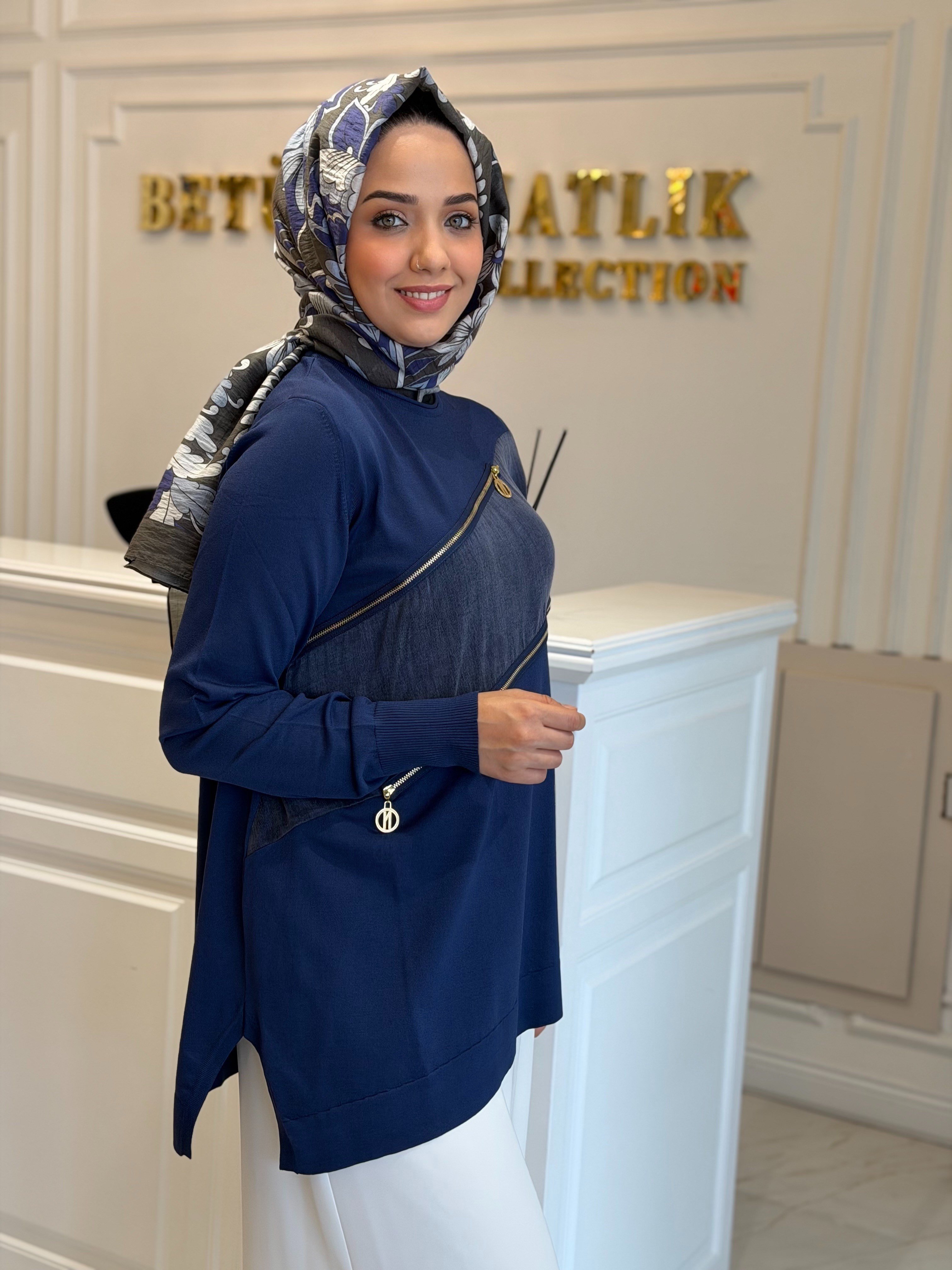 Niliwi Önü Fermuarlı Triko Tunik Lacivert