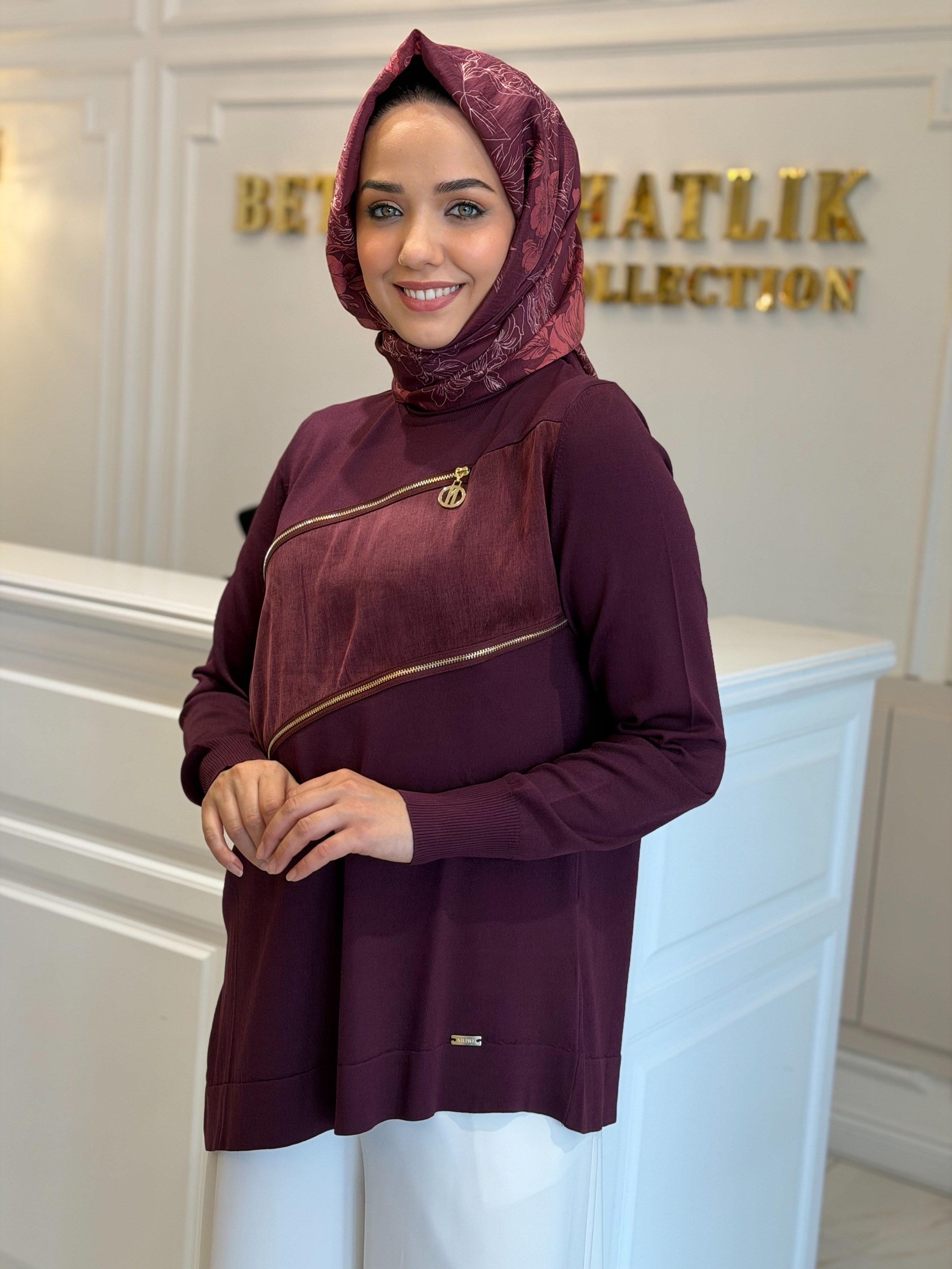 Niliwi Önü Fermuarlı Triko Tunik Bordo