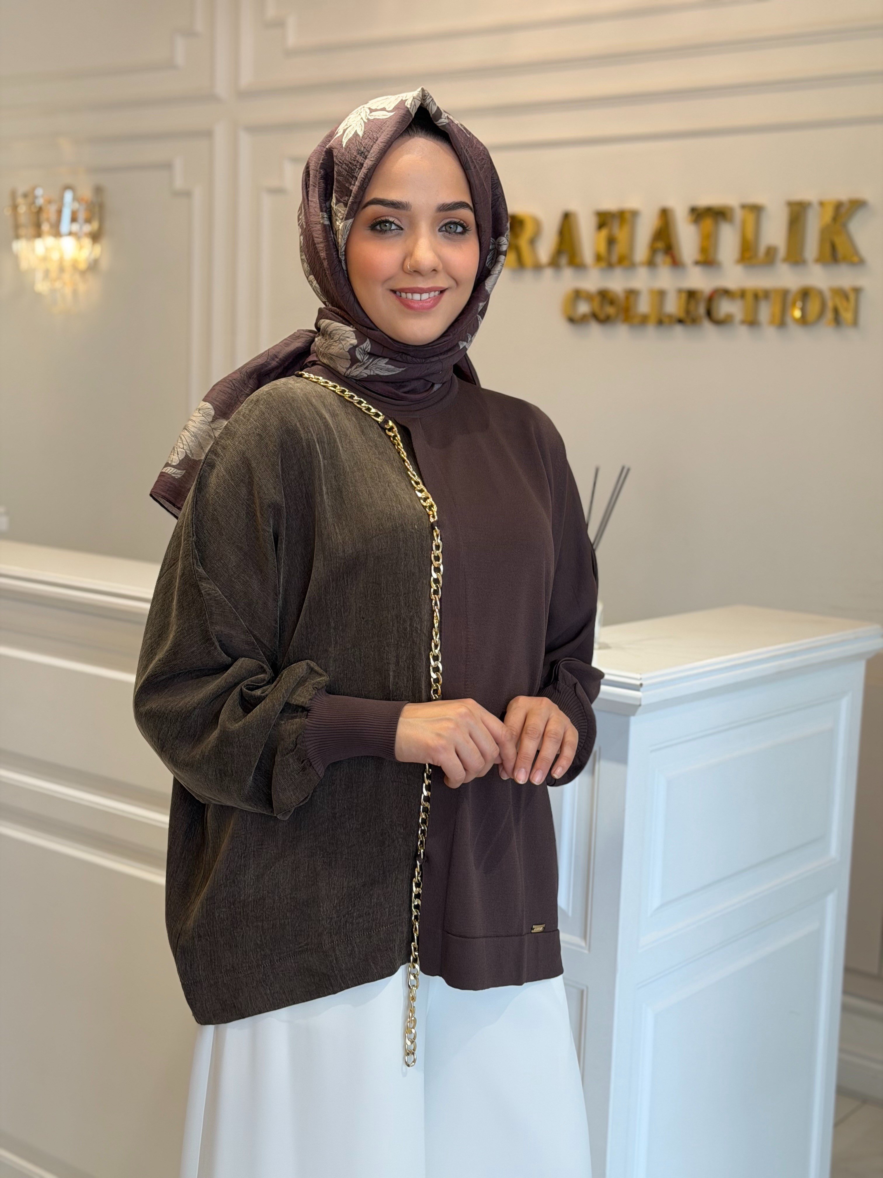 Niliwi Zincirli Yarasa Tunik Kahve