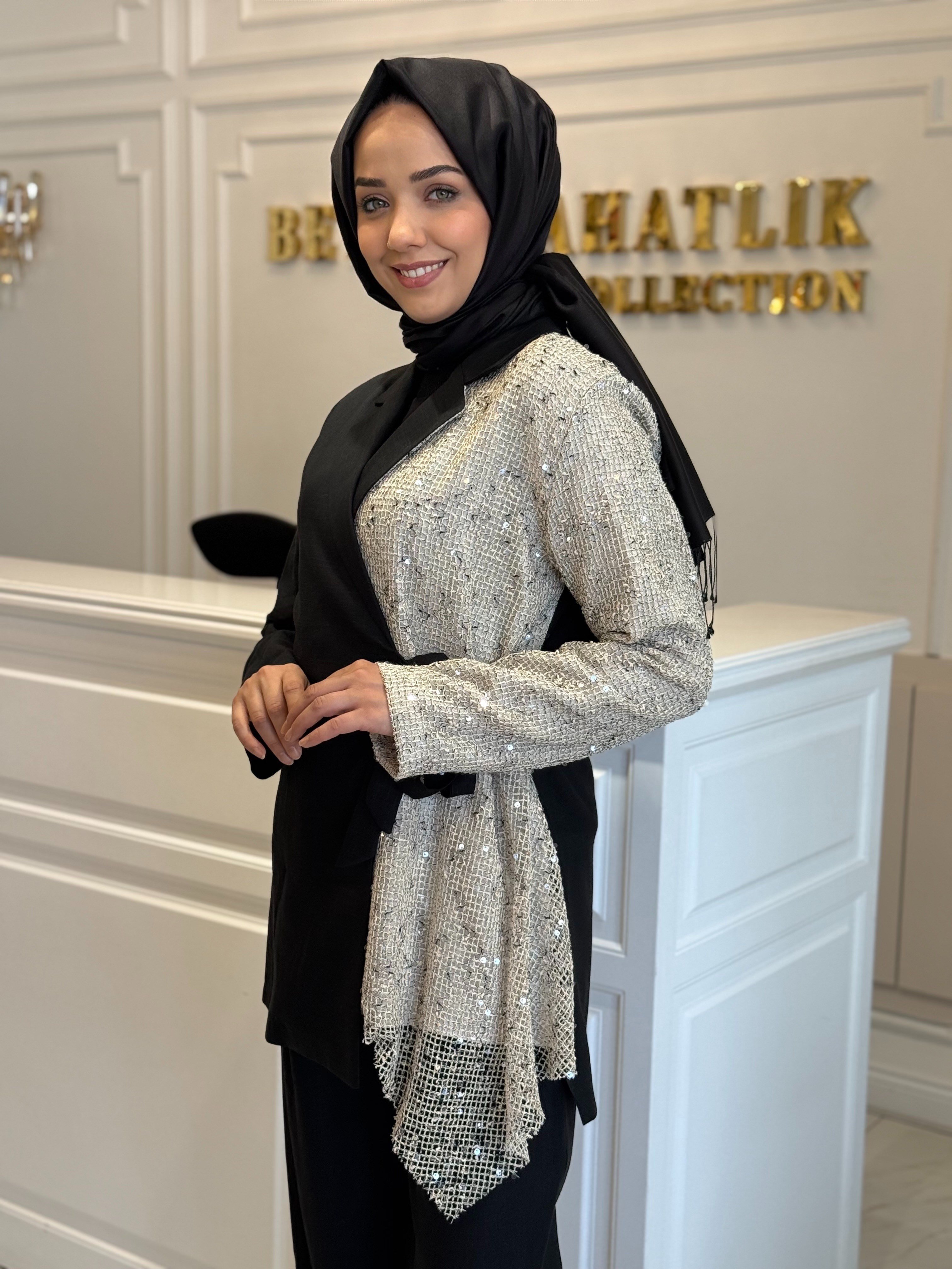 Tığ Triko File Detaylı Blazer Takım Siyah