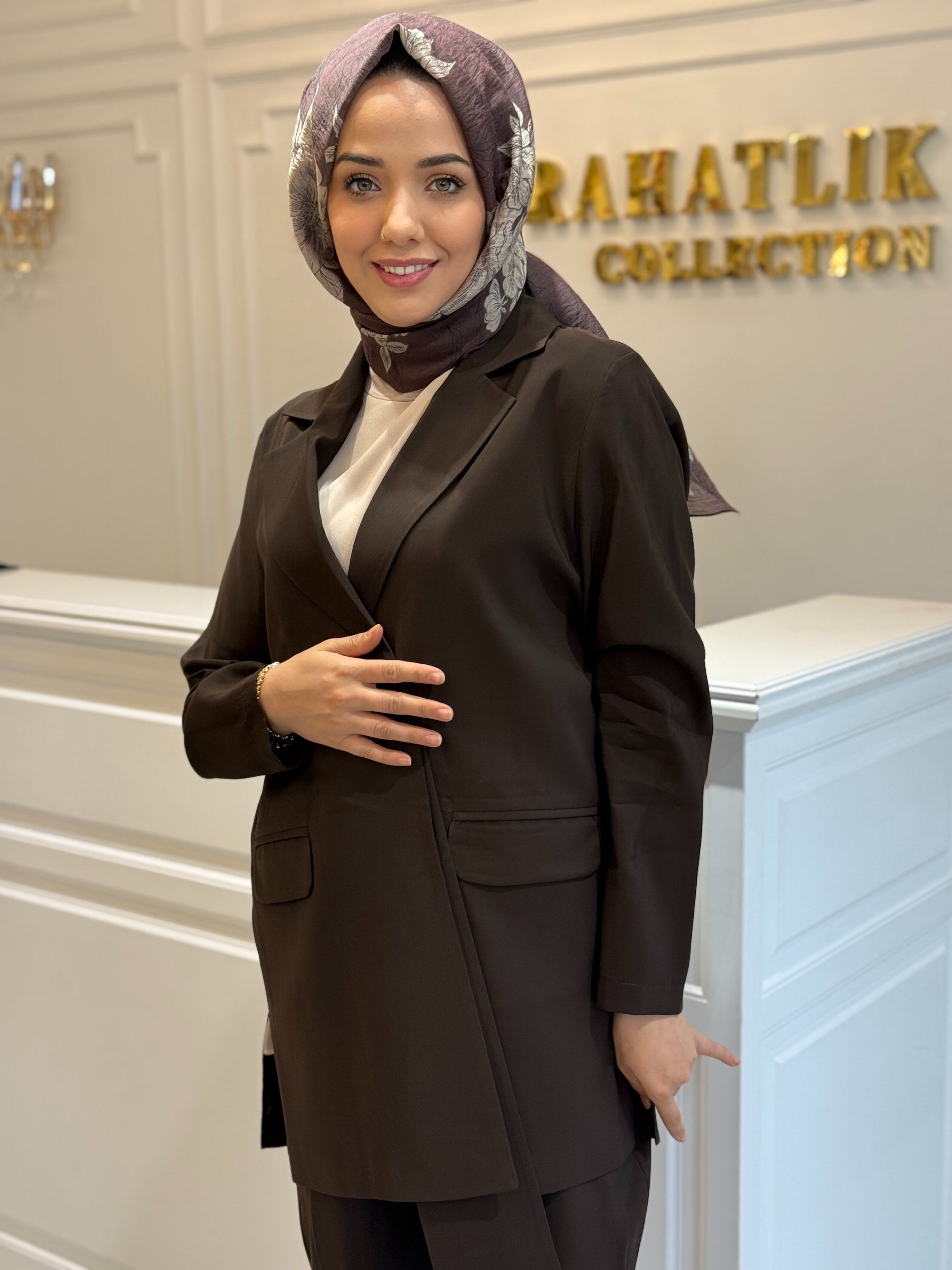 Tığ Triko Yaka Detaylı Blazer Ceket Takım Kahve