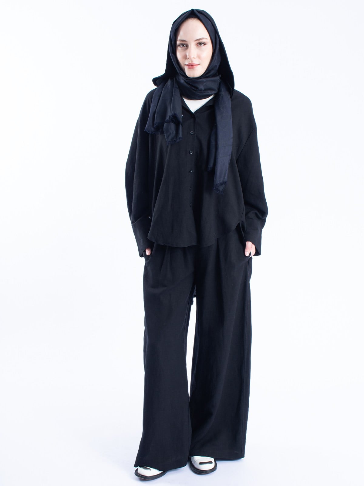 Keten Çıkarılabilir Kapüşonlu Düğmeli Oversize Kadın Gömlek