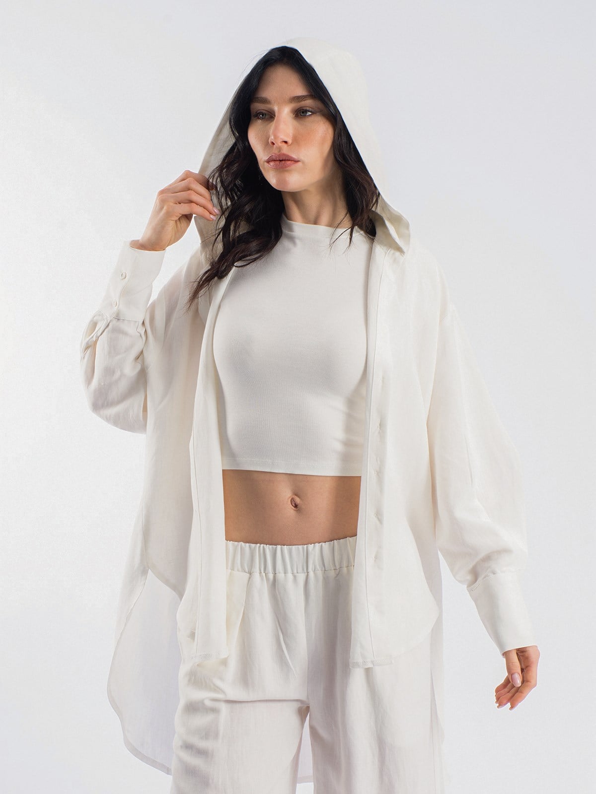 Keten Çıkarılabilir Kapüşonlu Düğmeli Oversize Kadın Gömlek&Keten Yan Cepli Arka Bel Lastikli Bol Kesim  Kadın Pantolon İkili Takım