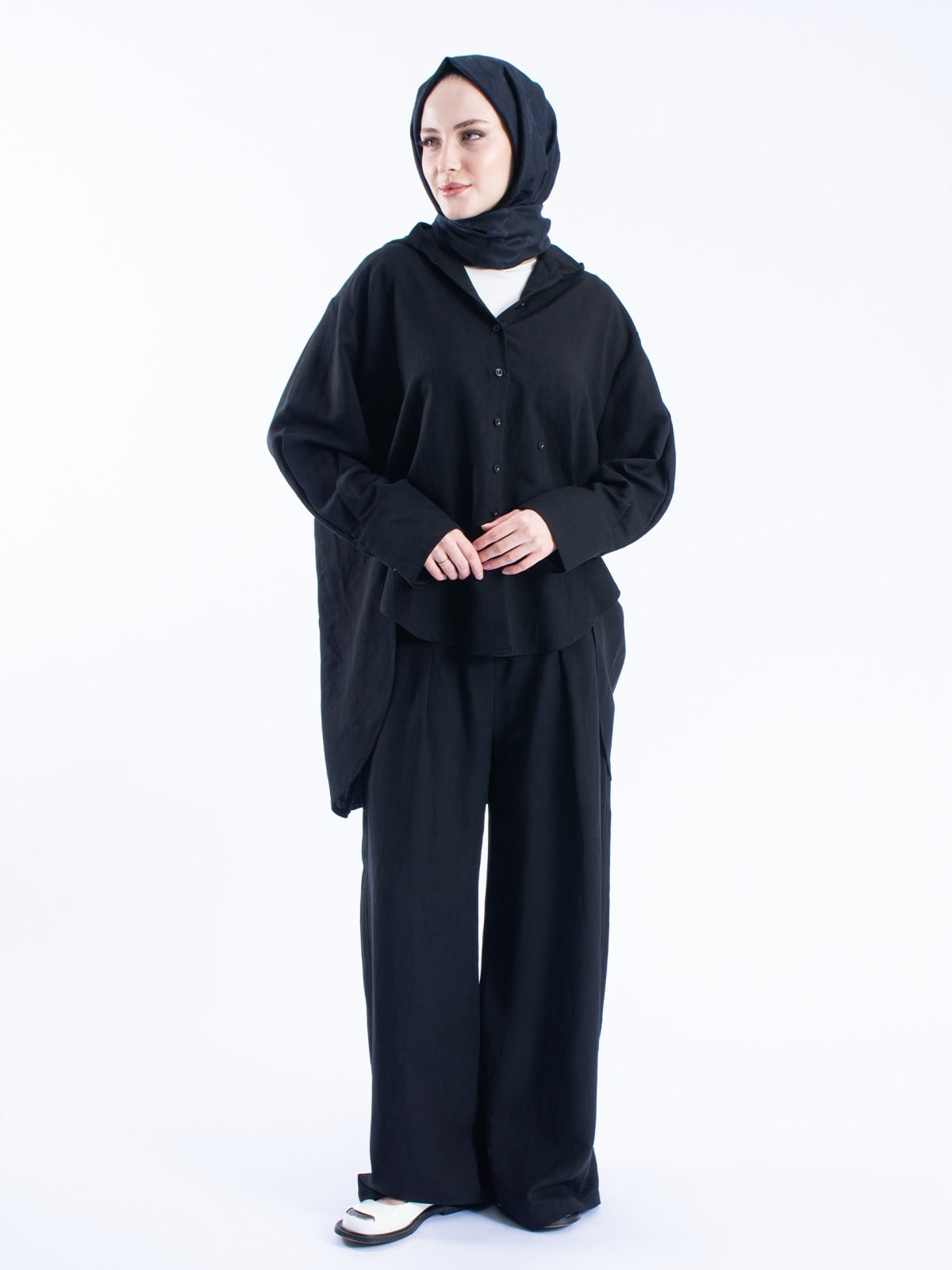 Keten Çıkarılabilir Kapüşonlu Düğmeli Oversize Kadın Gömlek