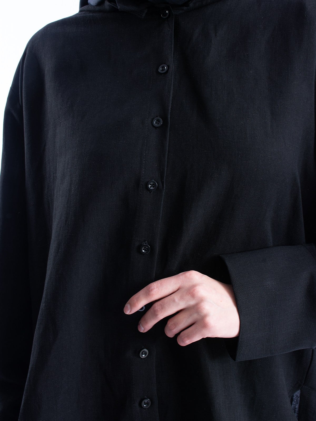 Keten Çıkarılabilir Kapüşonlu Düğmeli Oversize Kadın Gömlek