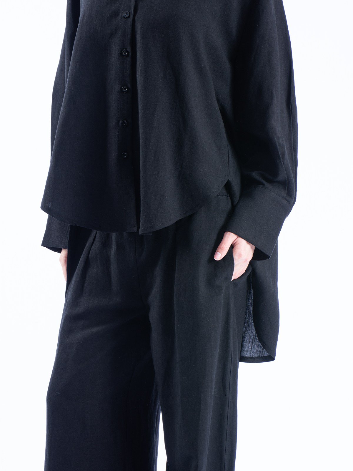 Keten Çıkarılabilir Kapüşonlu Düğmeli Oversize Kadın Gömlek