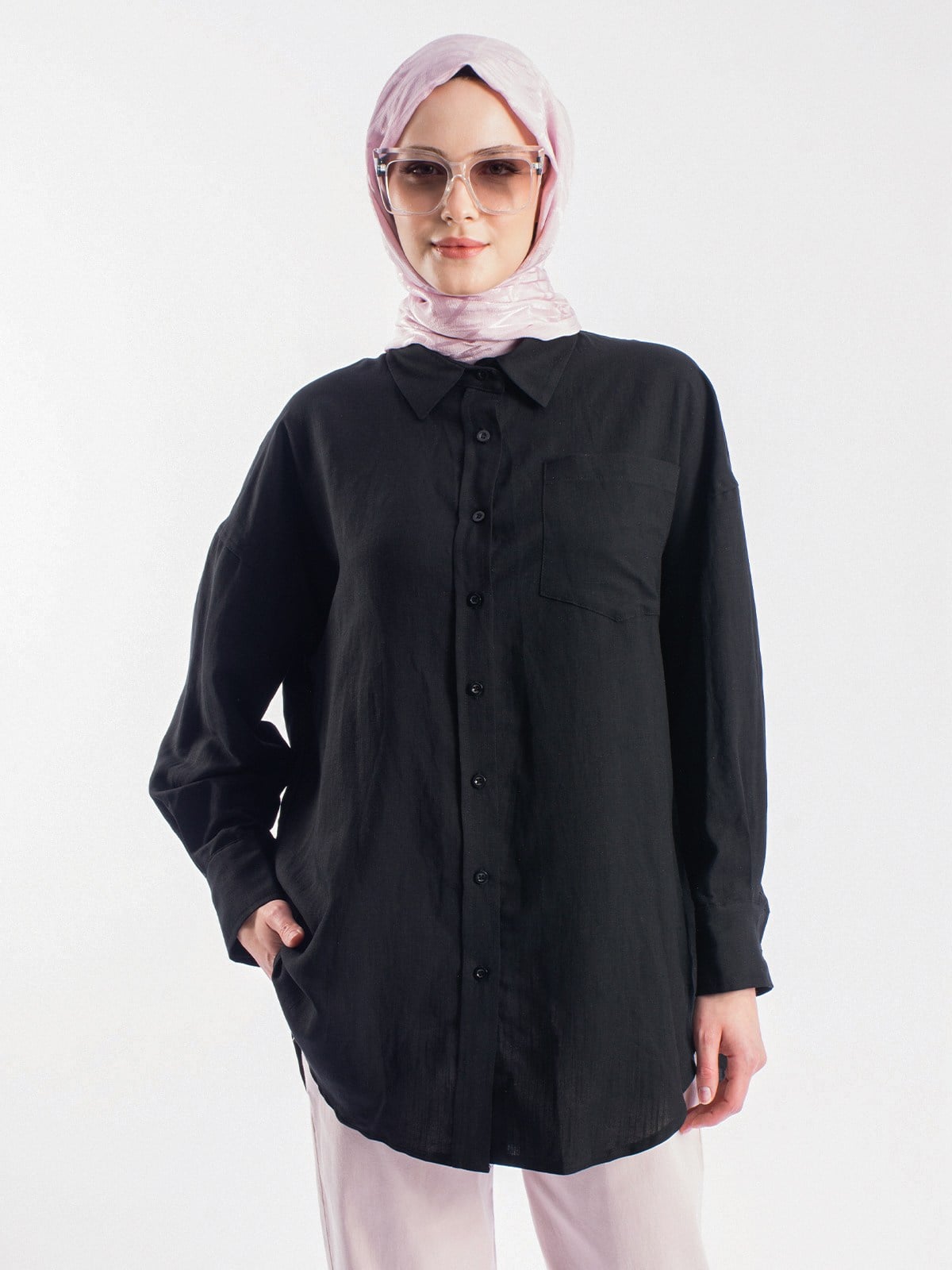 Oversize Kesim Uzun Keten Kadın Gömlek
