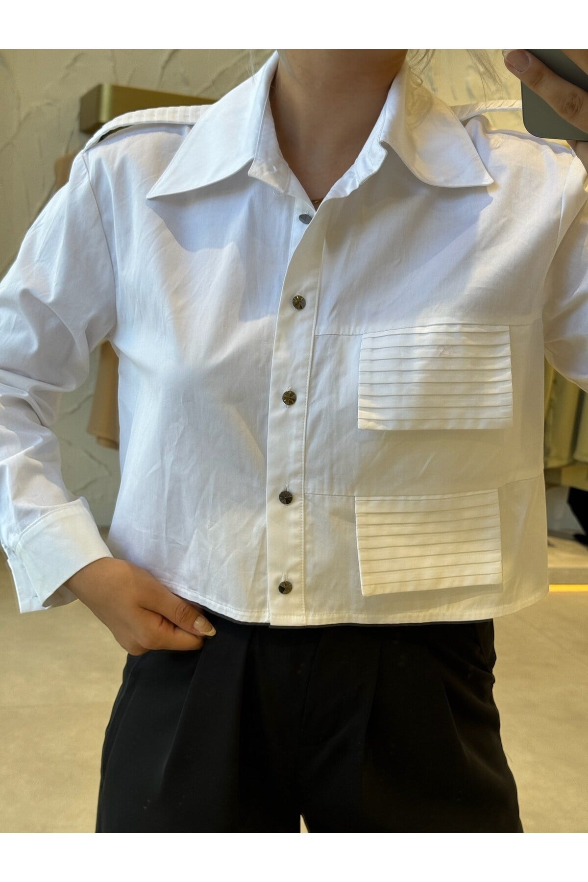 Piliseli Crop Gömlek Kemerli Pantolon Tasarım Kadın İkili Takım