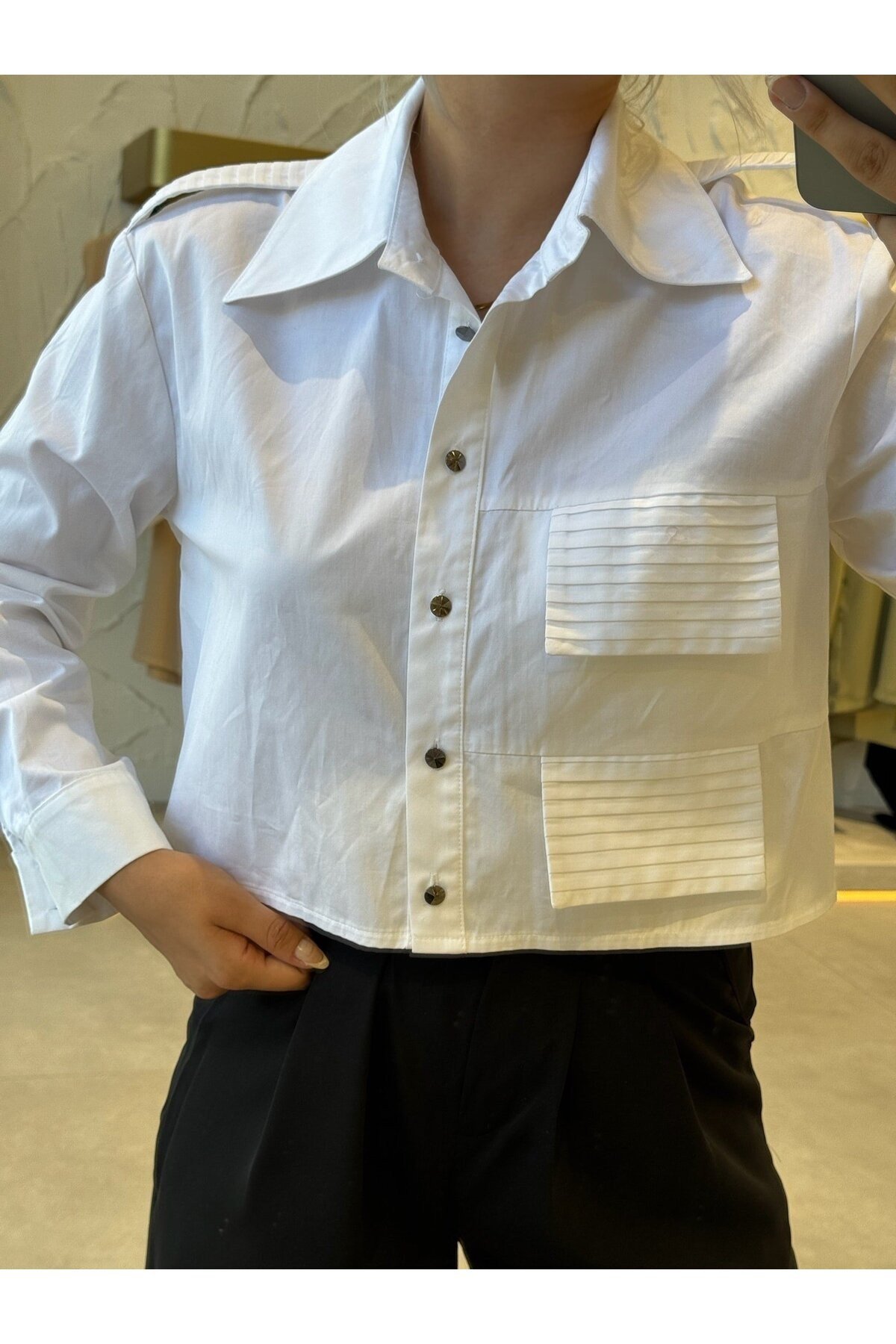 Piliseli Crop Gömlek Kemerli Pantolon Tasarım Kadın İkili Takım