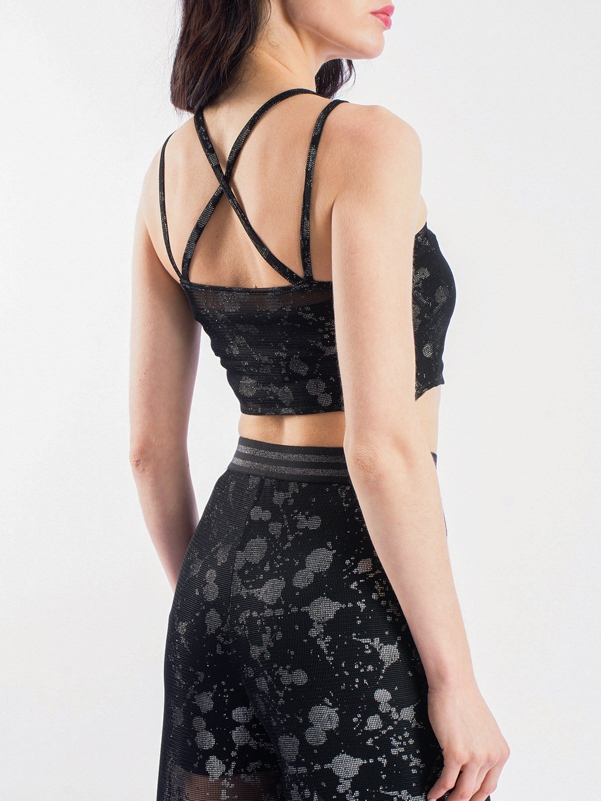 Simli File Sırtı Çapraz Askılı Crop Top Kadın Bluz