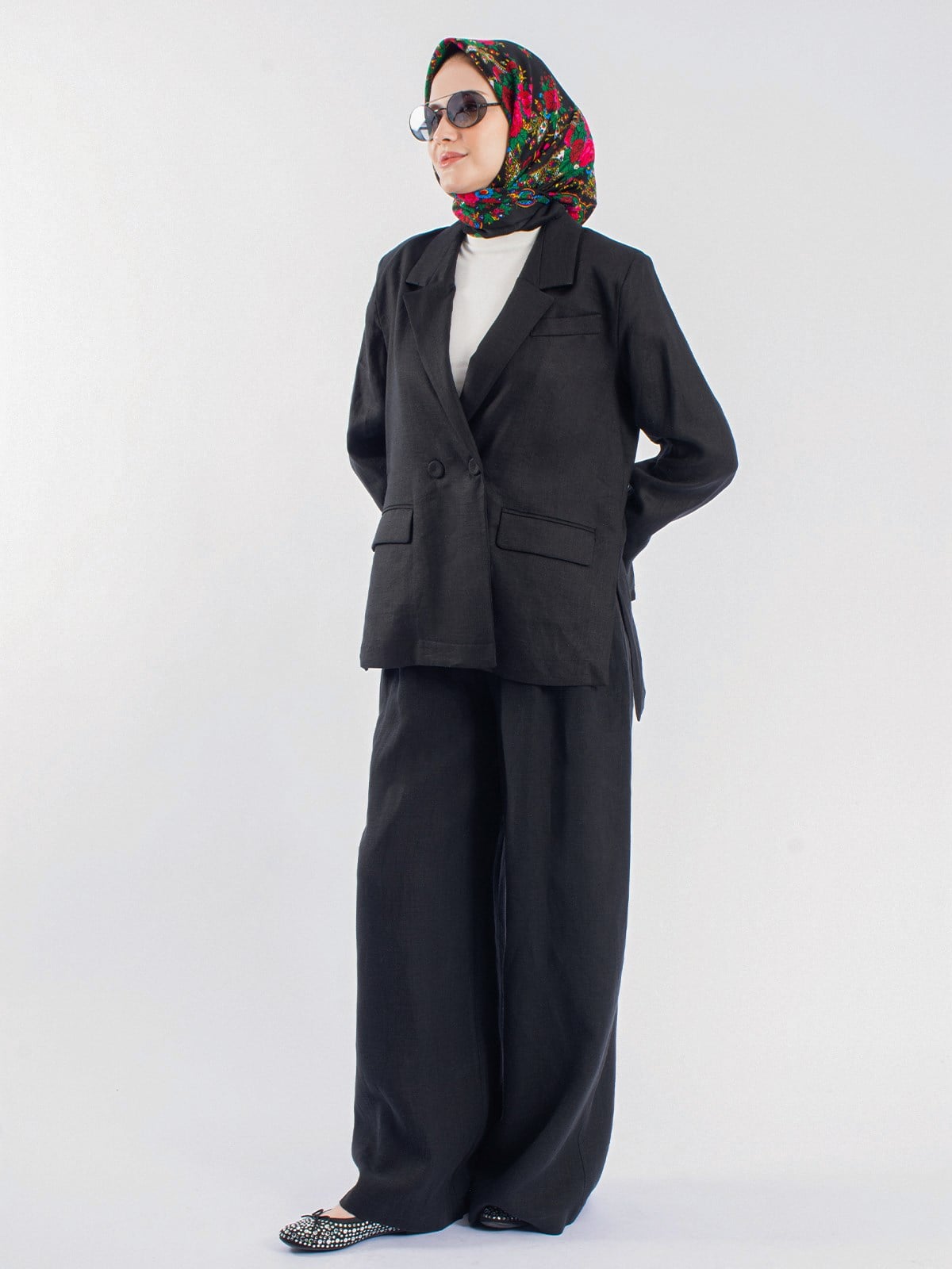 Yanları Yırtmaçlı Keten Oversize Ceket&Keten Palazzo Pantolon İkili Takım