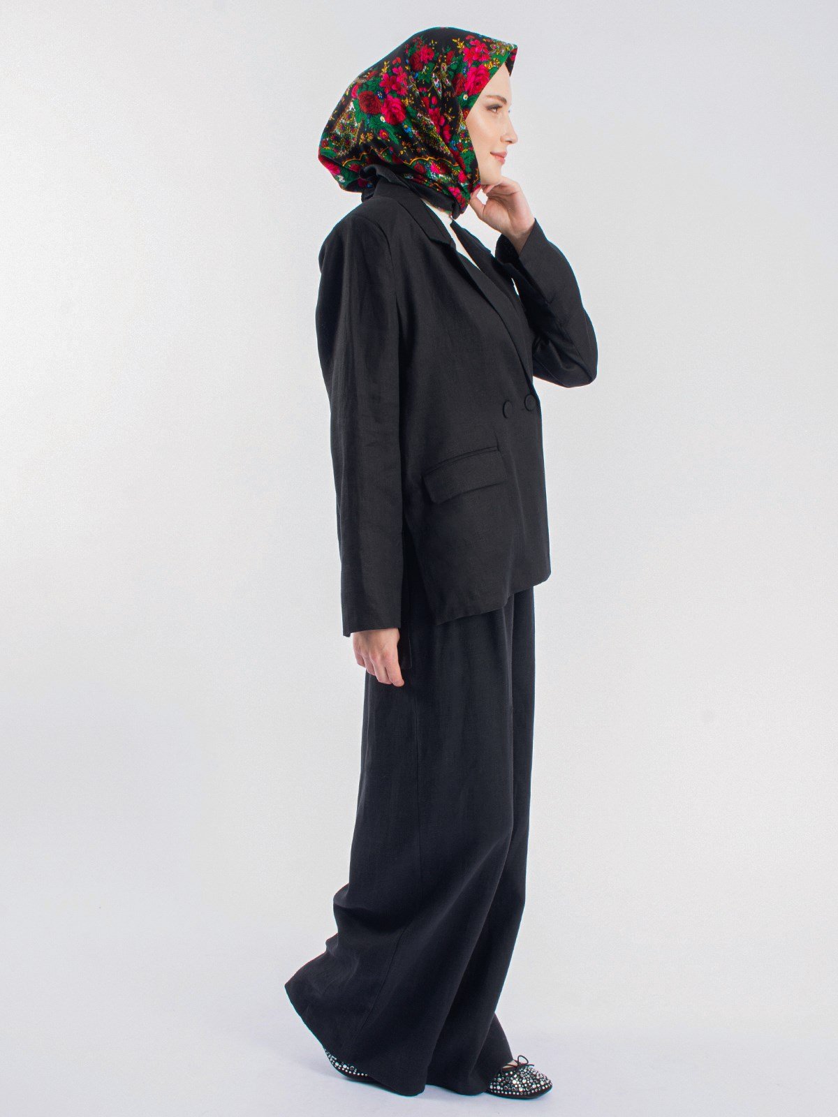 Yanları Yırtmaçlı Keten Oversize Ceket&Keten Palazzo Pantolon İkili Takım