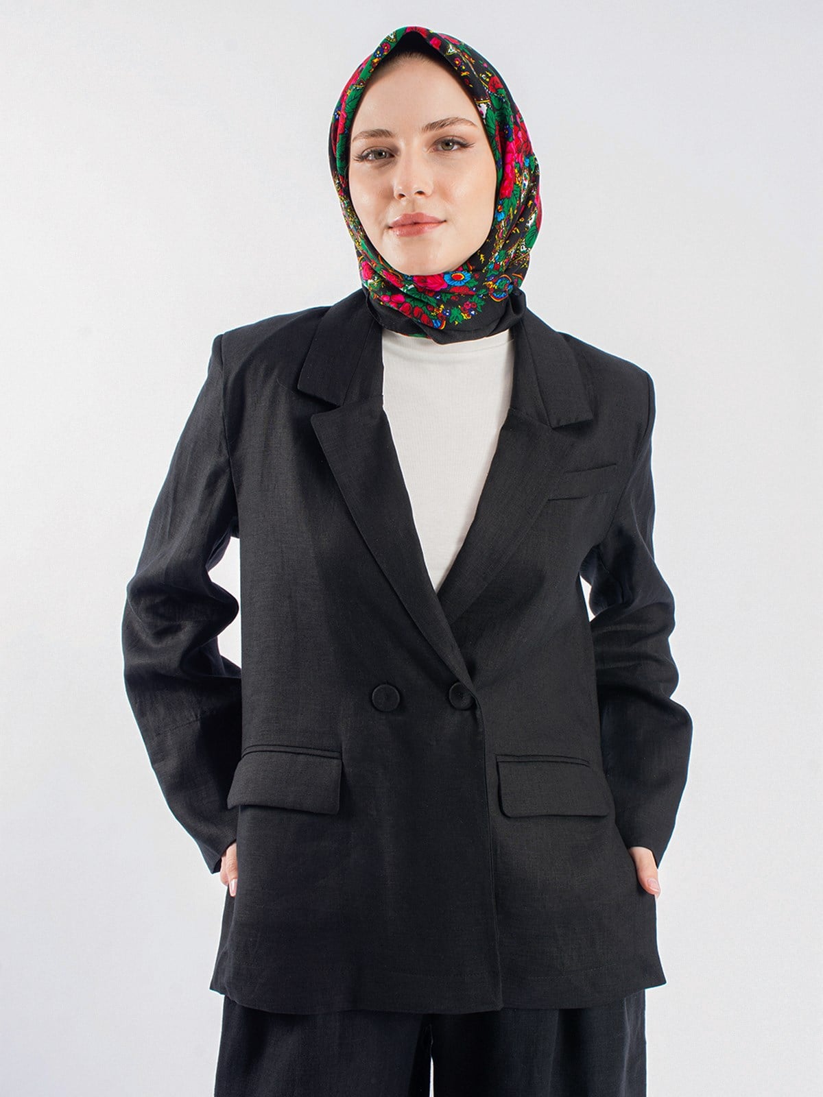Yanları Yırtmaçlı Keten Oversize Ceket&Keten Palazzo Pantolon İkili Takım