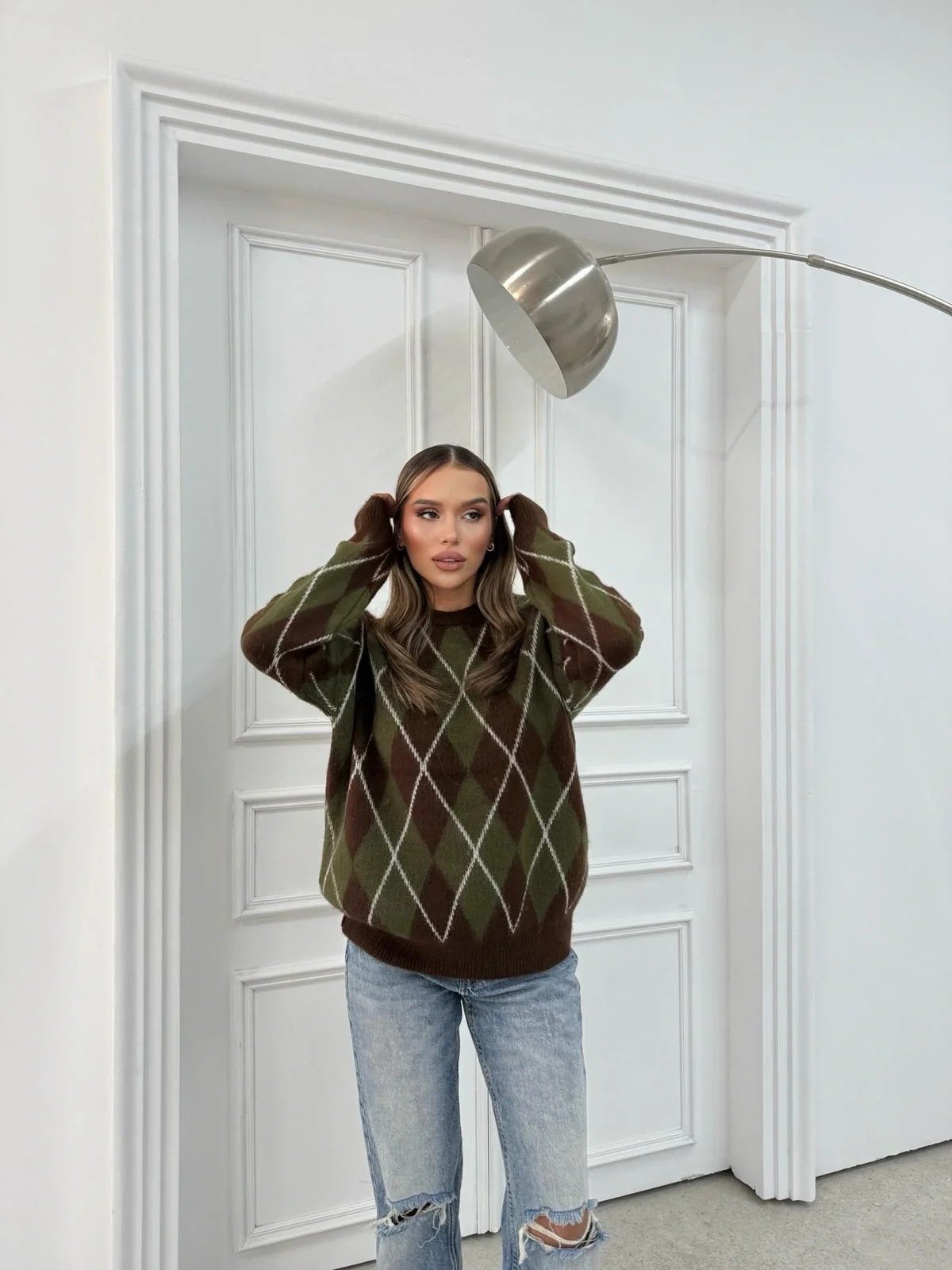 BAKLAVA DESEN BİSİKLET YAKA KAZAK HAKİ