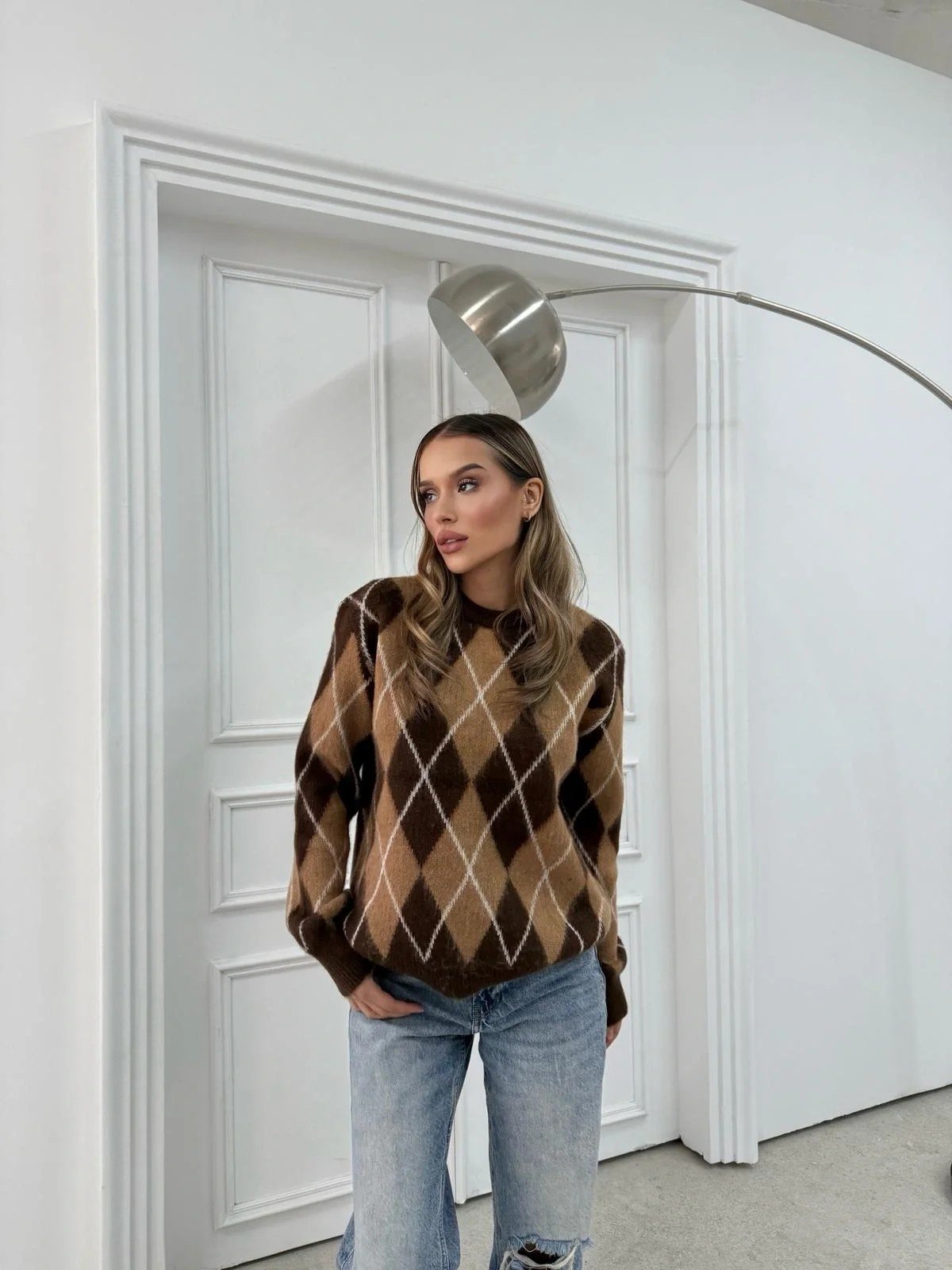 BAKLAVA DESEN BİSİKLET YAKA KAZAK KAHVE