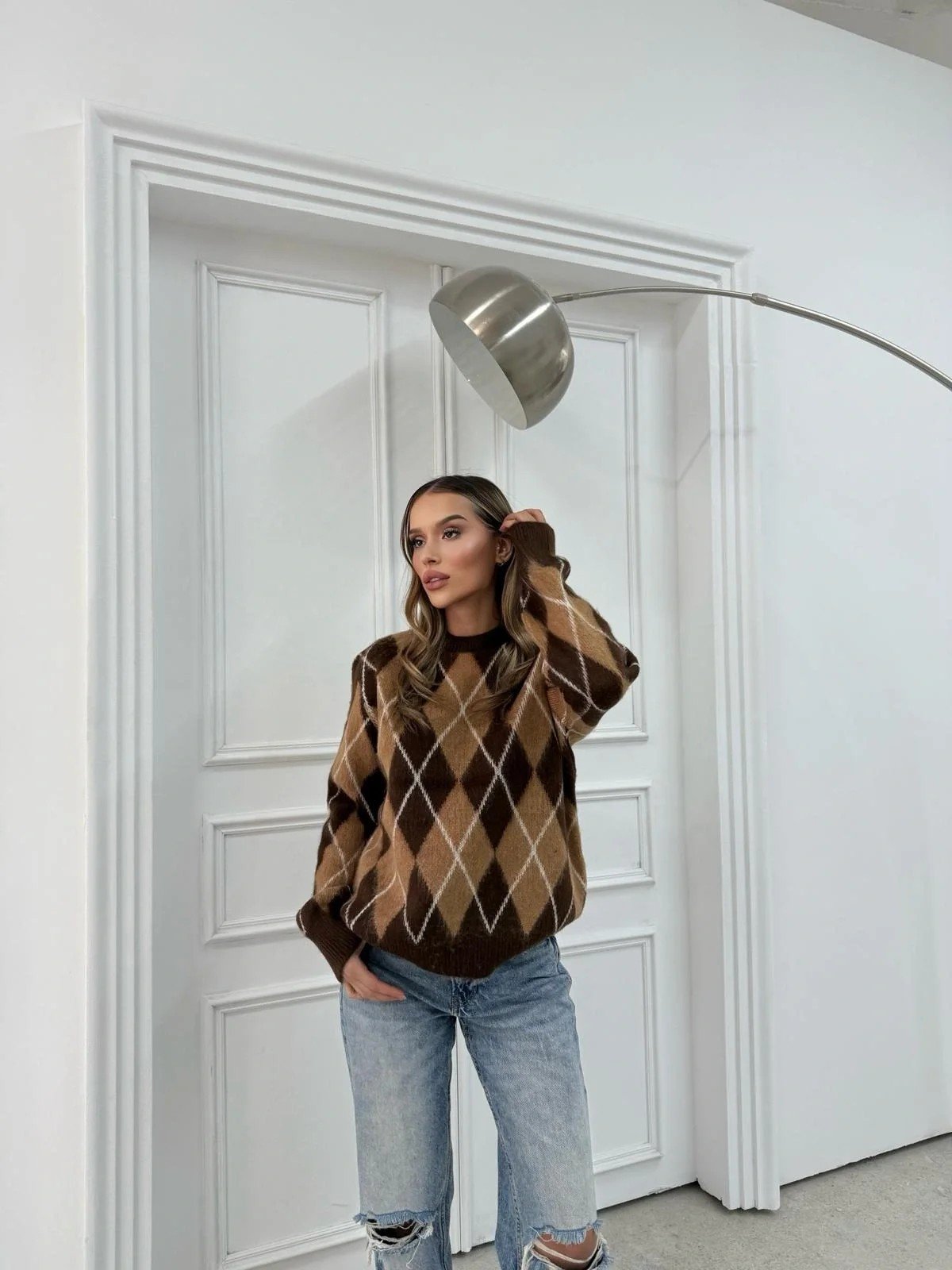 BAKLAVA DESEN BİSİKLET YAKA KAZAK KAHVE