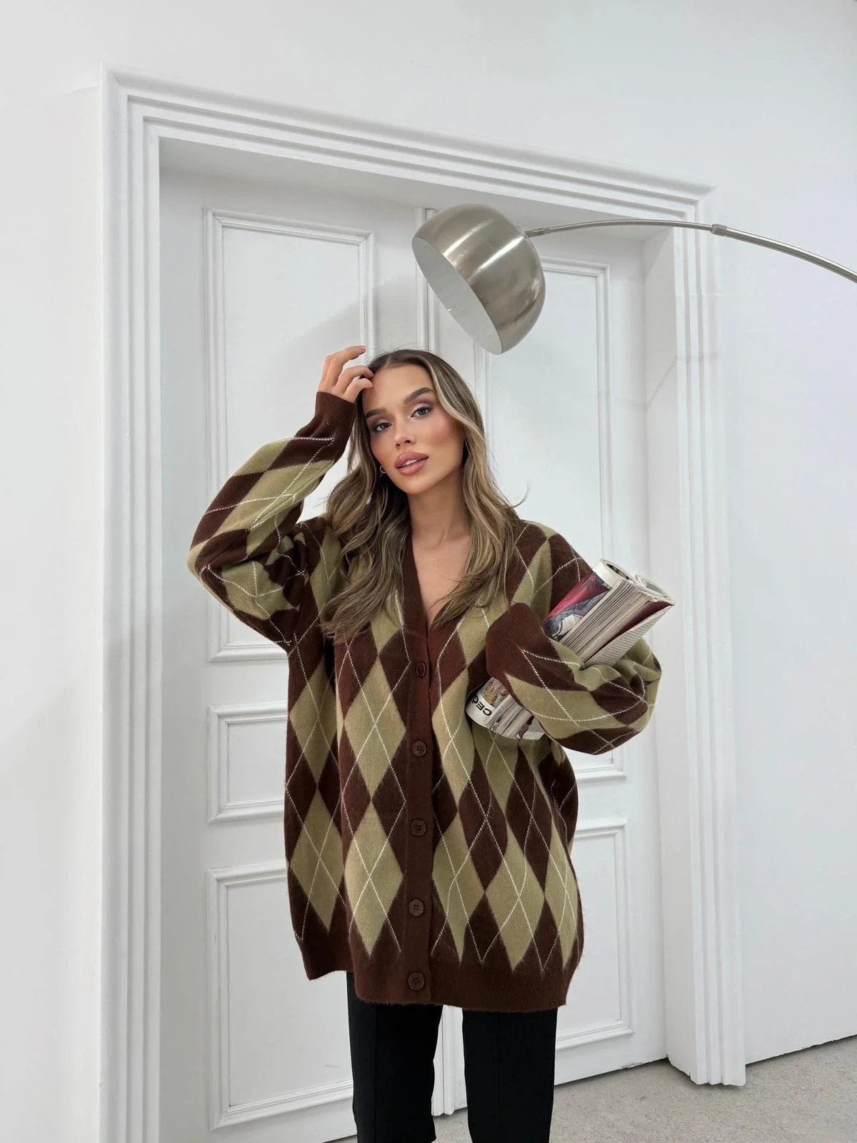 BAKLAVA DESEN OVERSİZE TRİKO HIRKA HAKİ