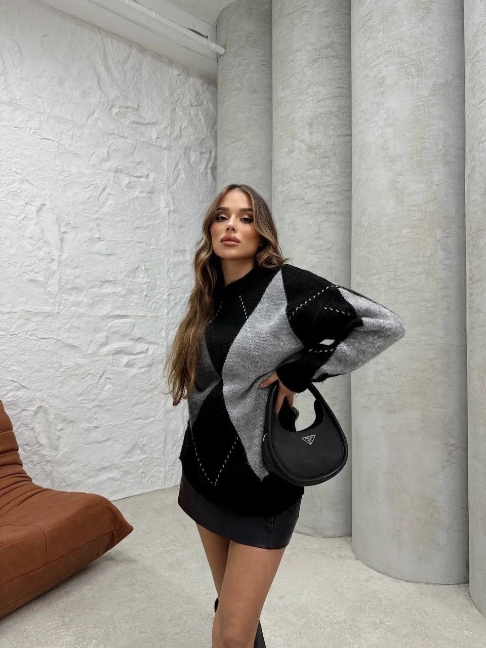 BAKLAVA DESEN OVERSİZE TRİKO KAZAK SİYAH