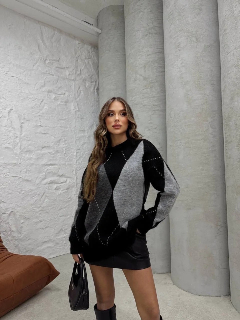 BAKLAVA DESEN OVERSİZE TRİKO KAZAK SİYAH