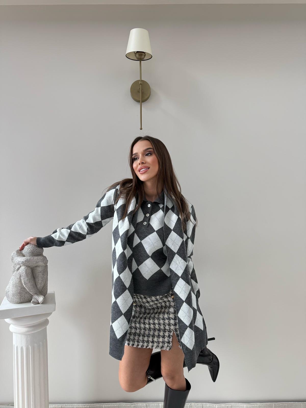 BAKLAVA DESEN POLO YAKA ATKI DETAY KAZAK GRİ