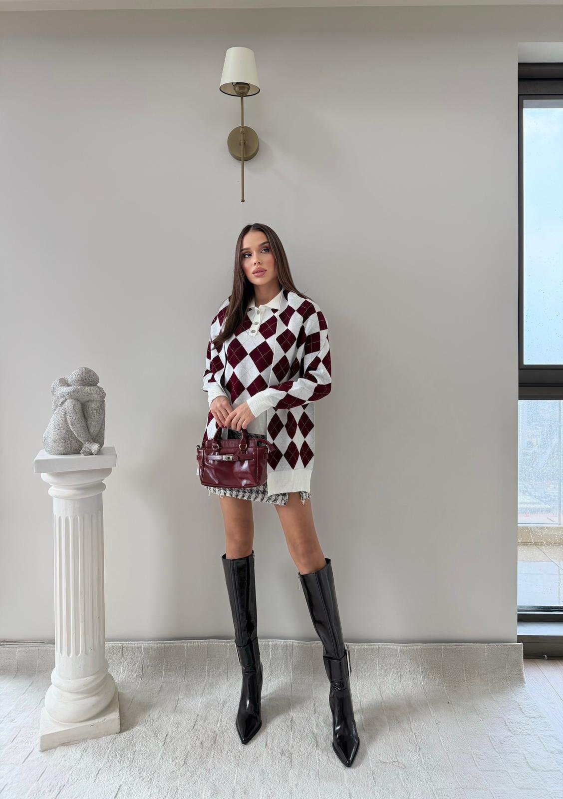 BAKLAVA DESEN POLO YAKA ATKI DETAY KAZAK BORDO