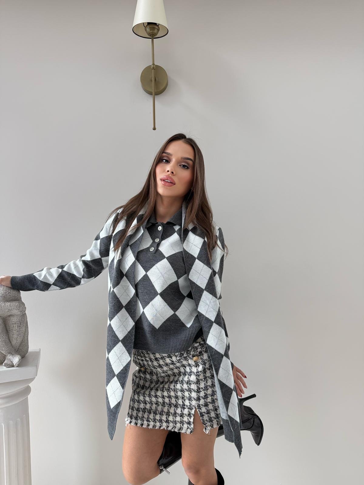 BAKLAVA DESEN POLO YAKA ATKI DETAY KAZAK GRİ