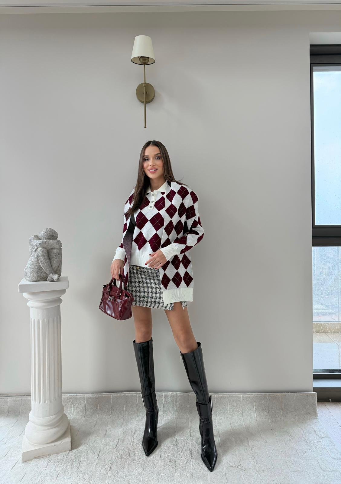 BAKLAVA DESEN POLO YAKA ATKI DETAY KAZAK BORDO