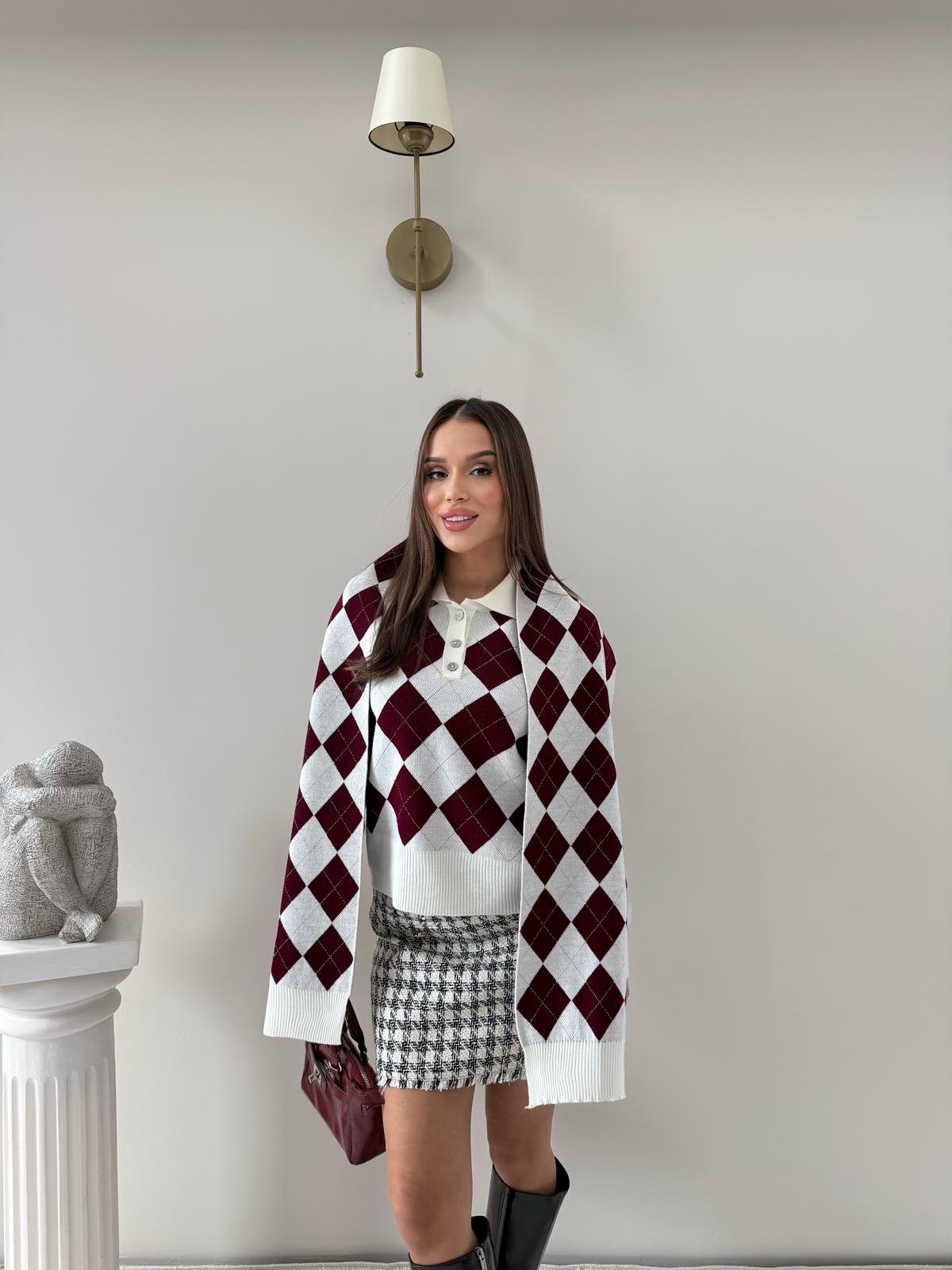 BAKLAVA DESEN POLO YAKA ATKI DETAY KAZAK BORDO