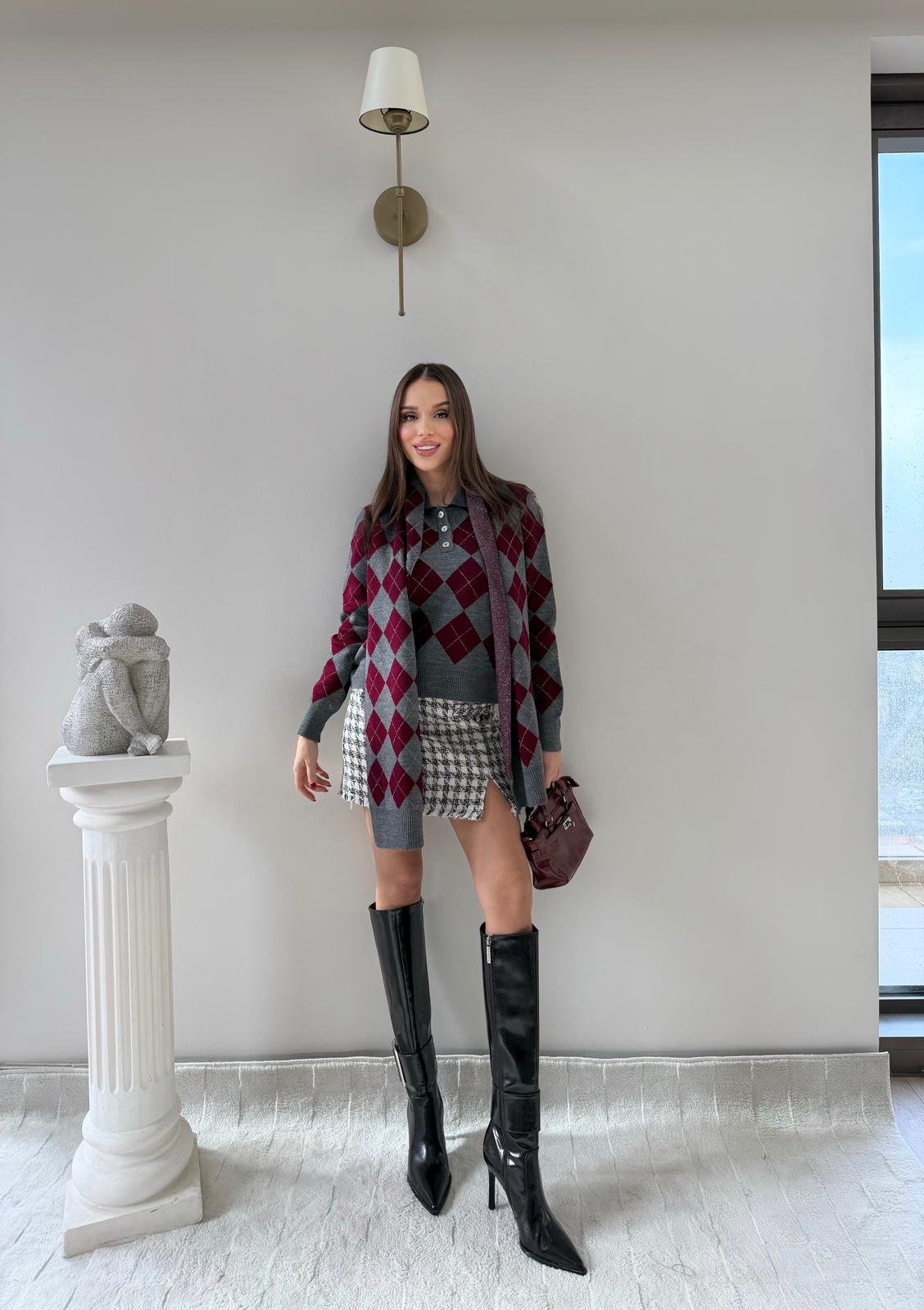 BAKLAVA DESEN POLO YAKA ATKI DETAY KAZAK ANTRASİT