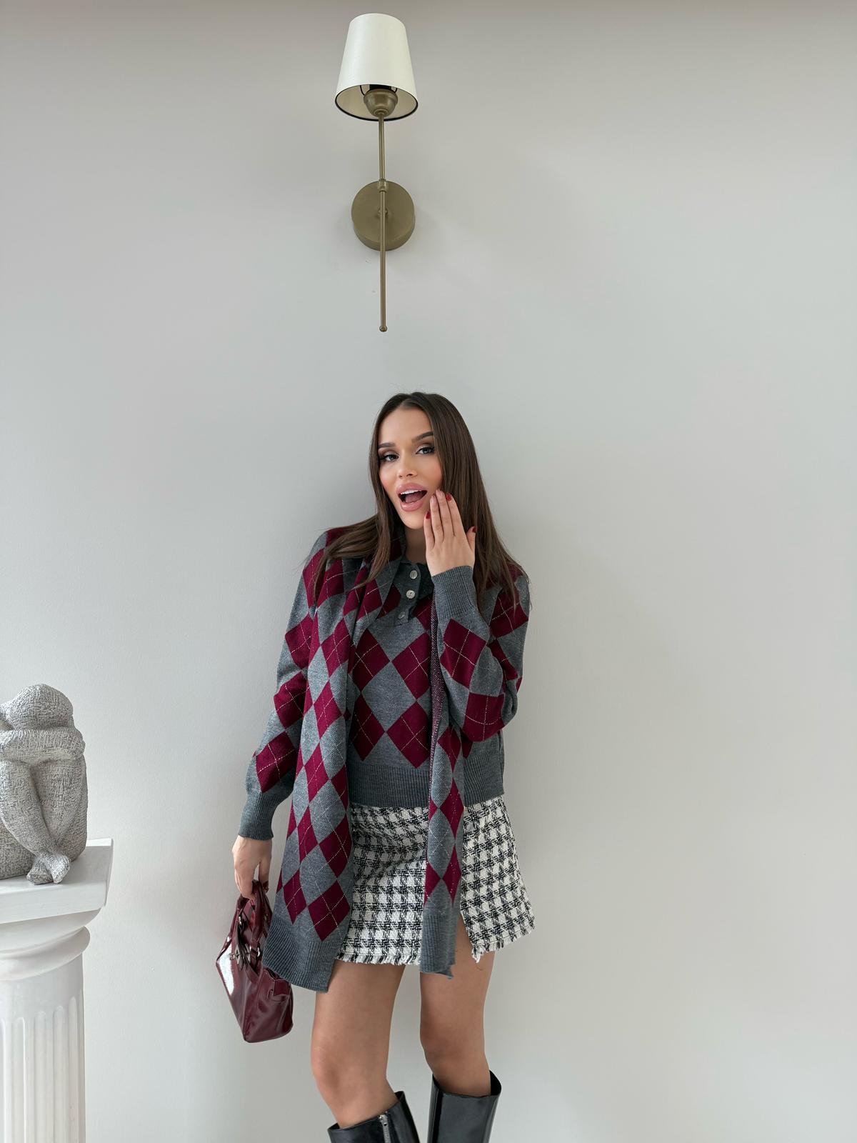 BAKLAVA DESEN POLO YAKA ATKI DETAY KAZAK ANTRASİT