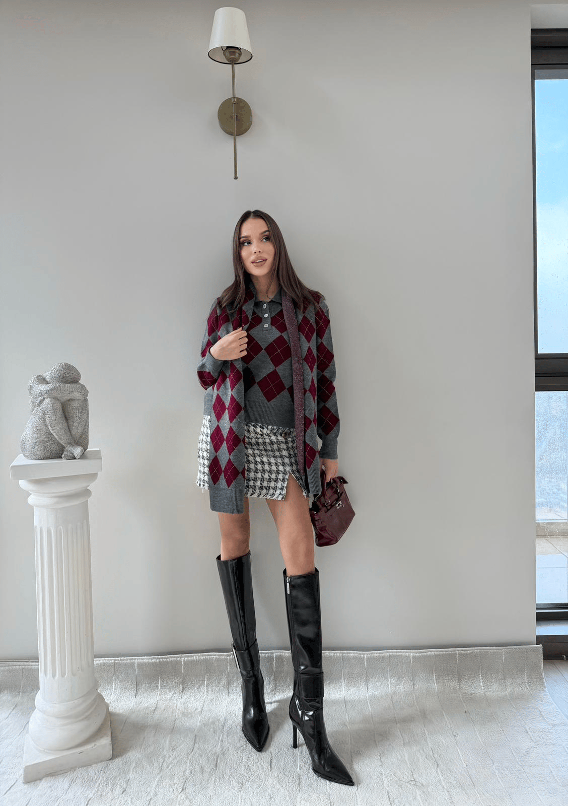 BAKLAVA DESEN POLO YAKA ATKI DETAY KAZAK ANTRASİT