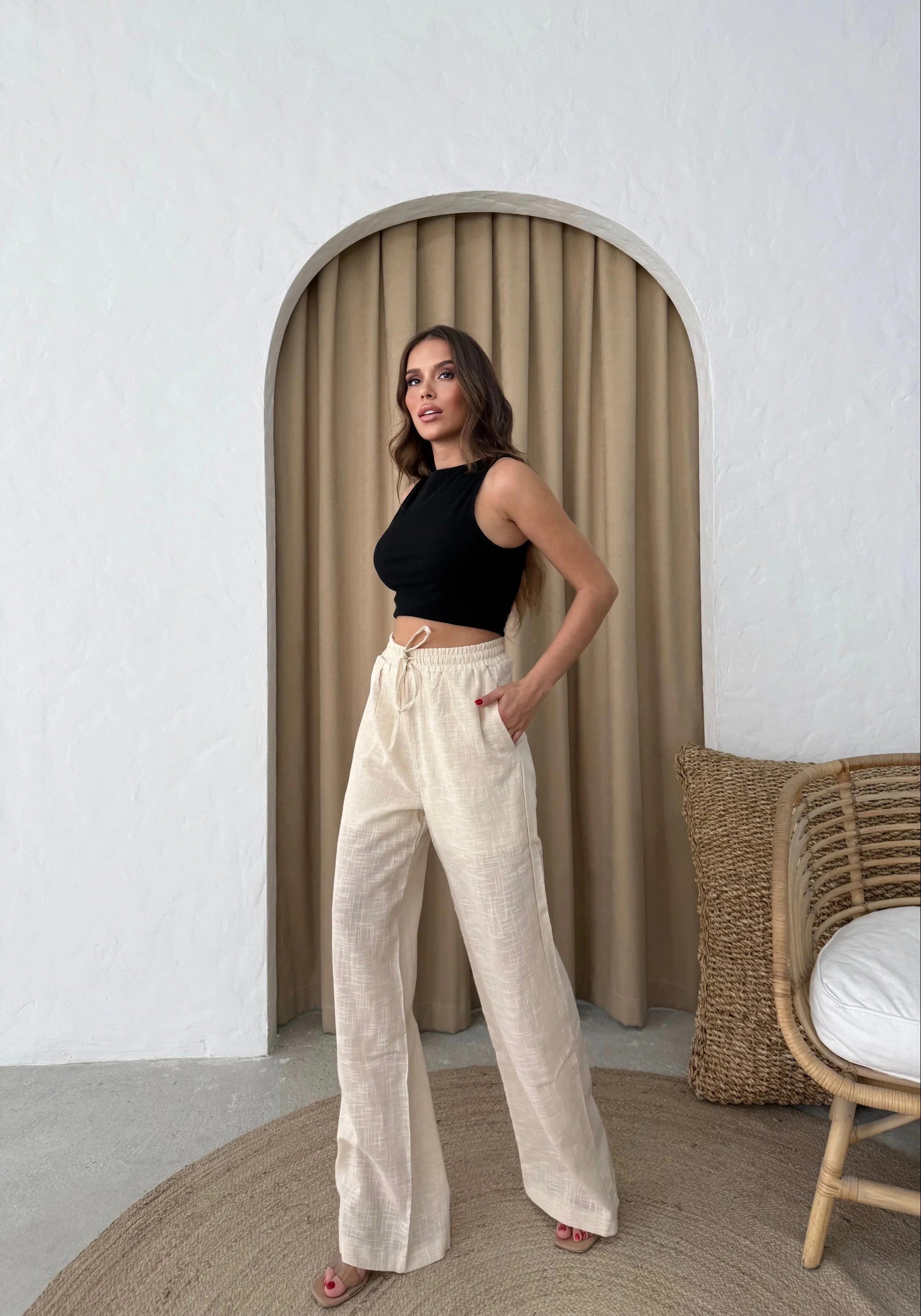 BEL BAĞCIKLI PALAZZO KETEN PANTOLON KREM