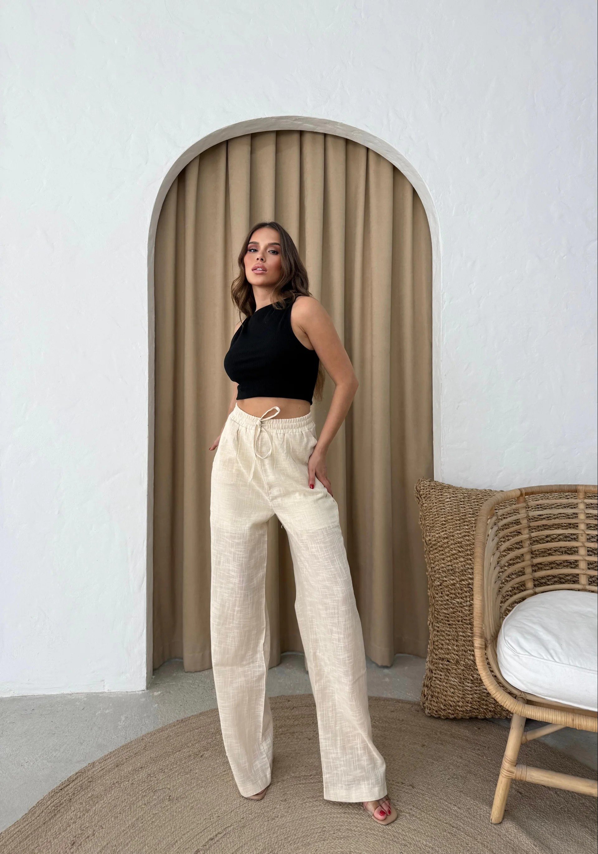 BEL BAĞCIKLI PALAZZO KETEN PANTOLON KREM