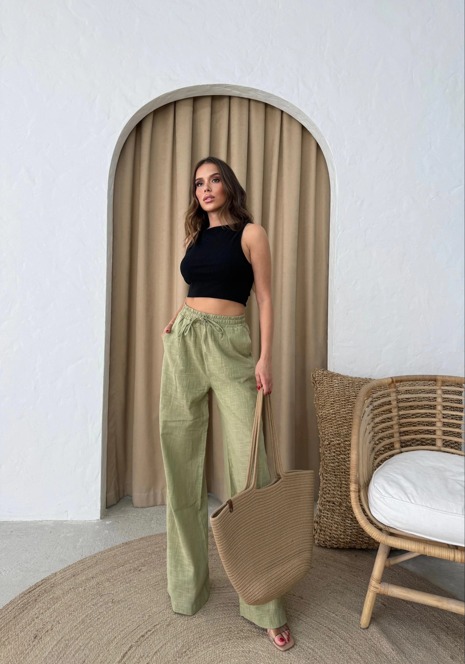 BEL BAĞCIKLI PALAZZO KETEN PANTOLON YEŞİL