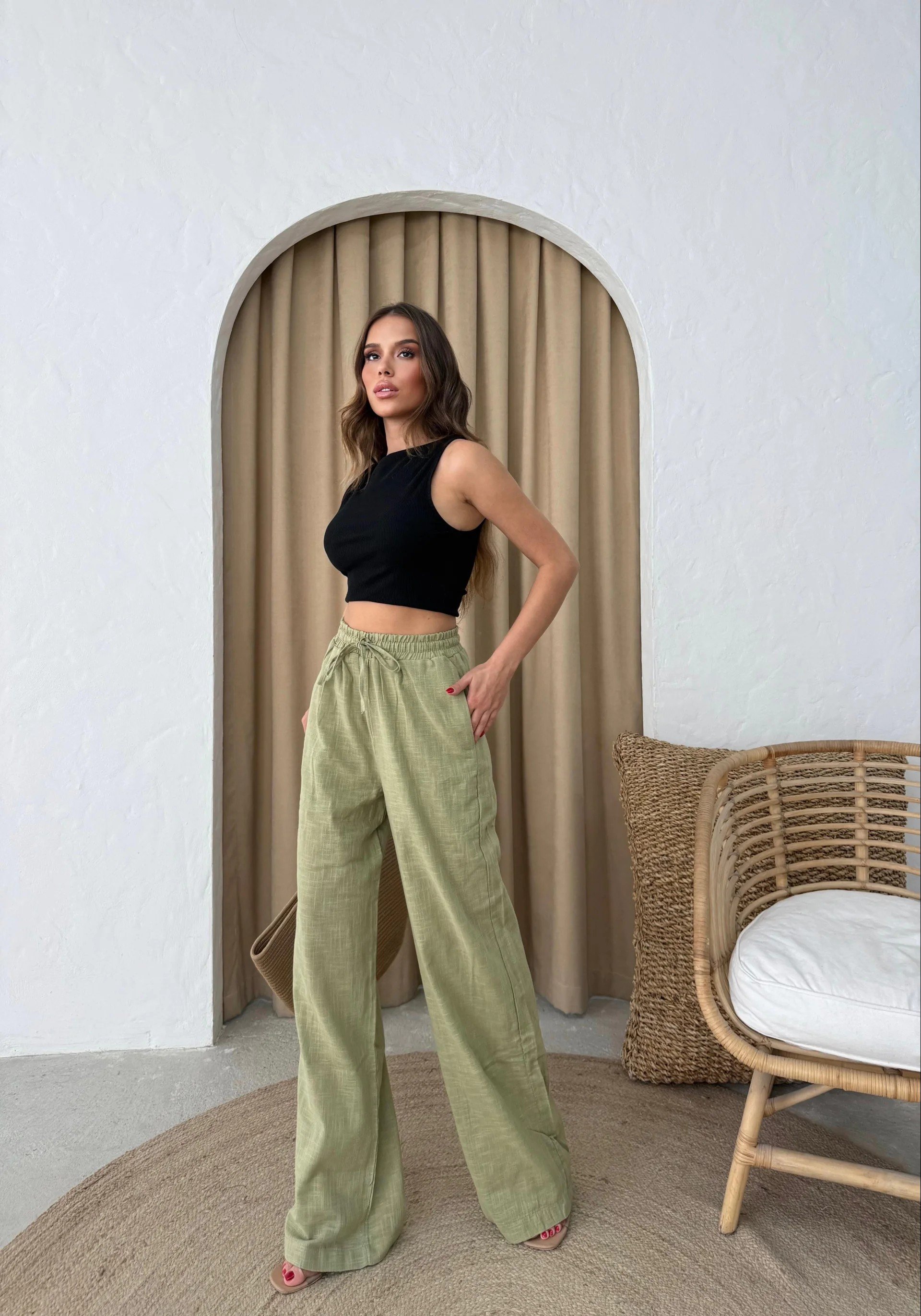 BEL BAĞCIKLI PALAZZO KETEN PANTOLON YEŞİL